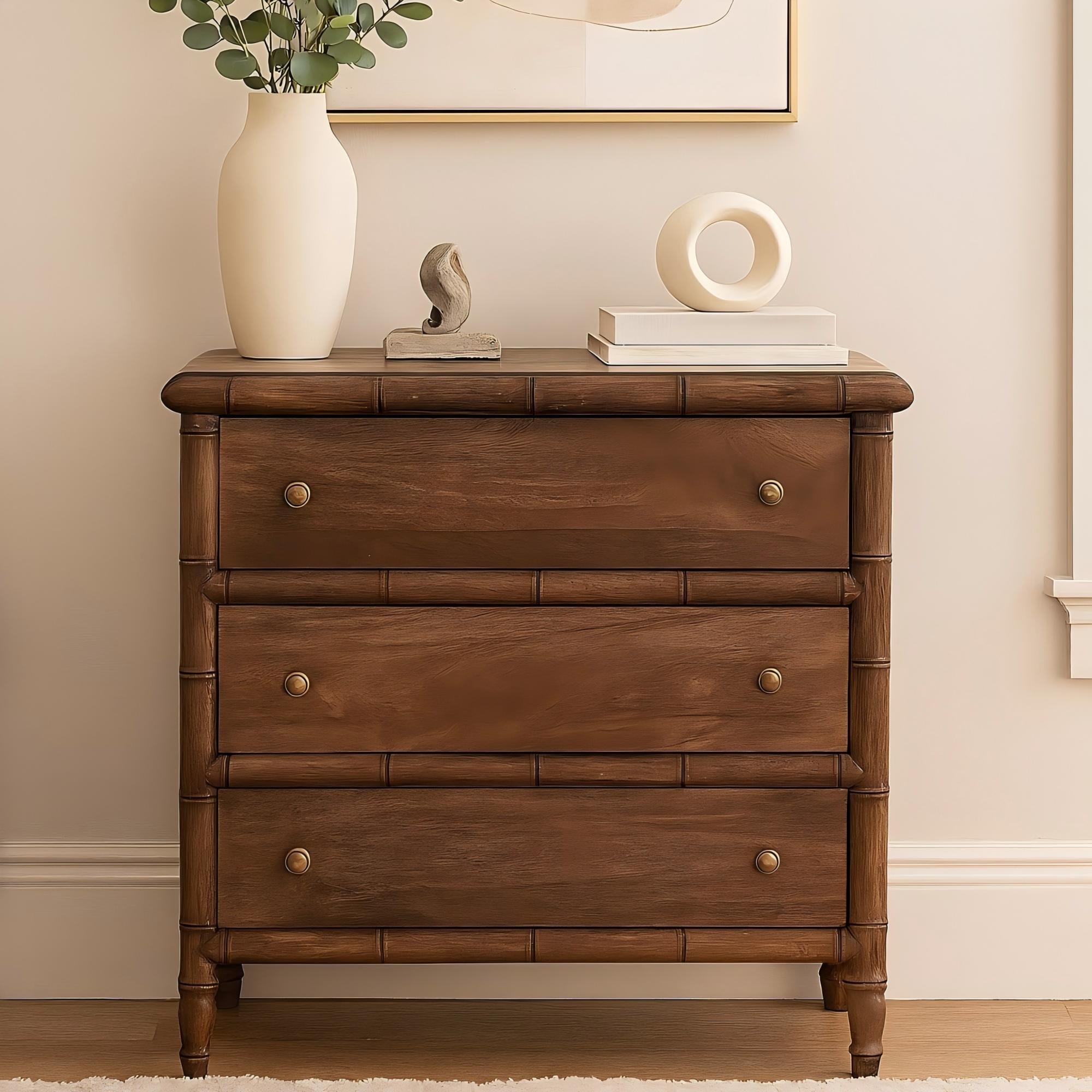 Solid Wood Chest with 3 Drawers, Bamboo Carved Brown