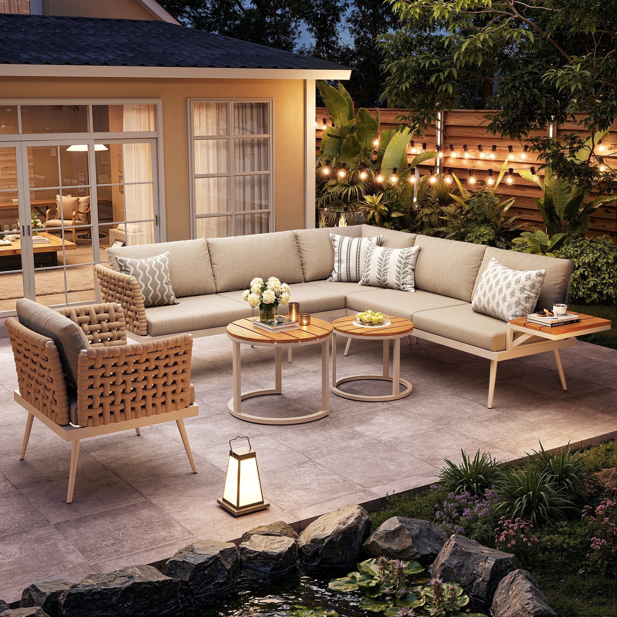 Six-Seater L-Shaped Garden Sofa Set with Hand-Woven Armrests and Coffee Tables, Grey and Beige