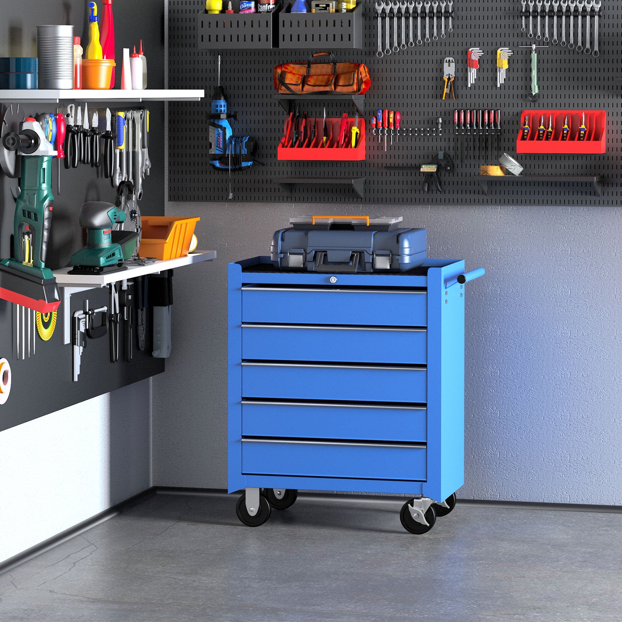 Workshop trolley 5 drawers, mobile tool trolley, red