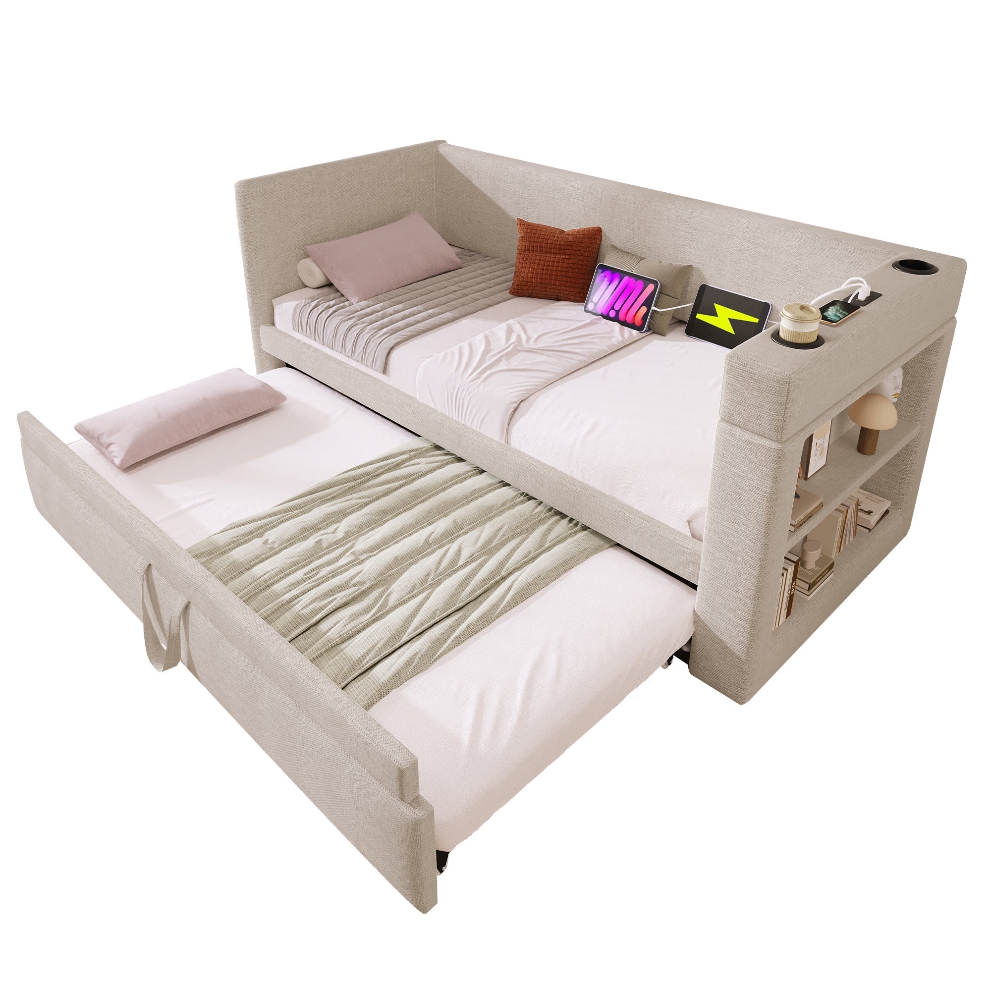 Daybed Upholstered Bed 3FT Single Sofa Bed with Trundle, USB/Type C Charging Station, Linen Beige
