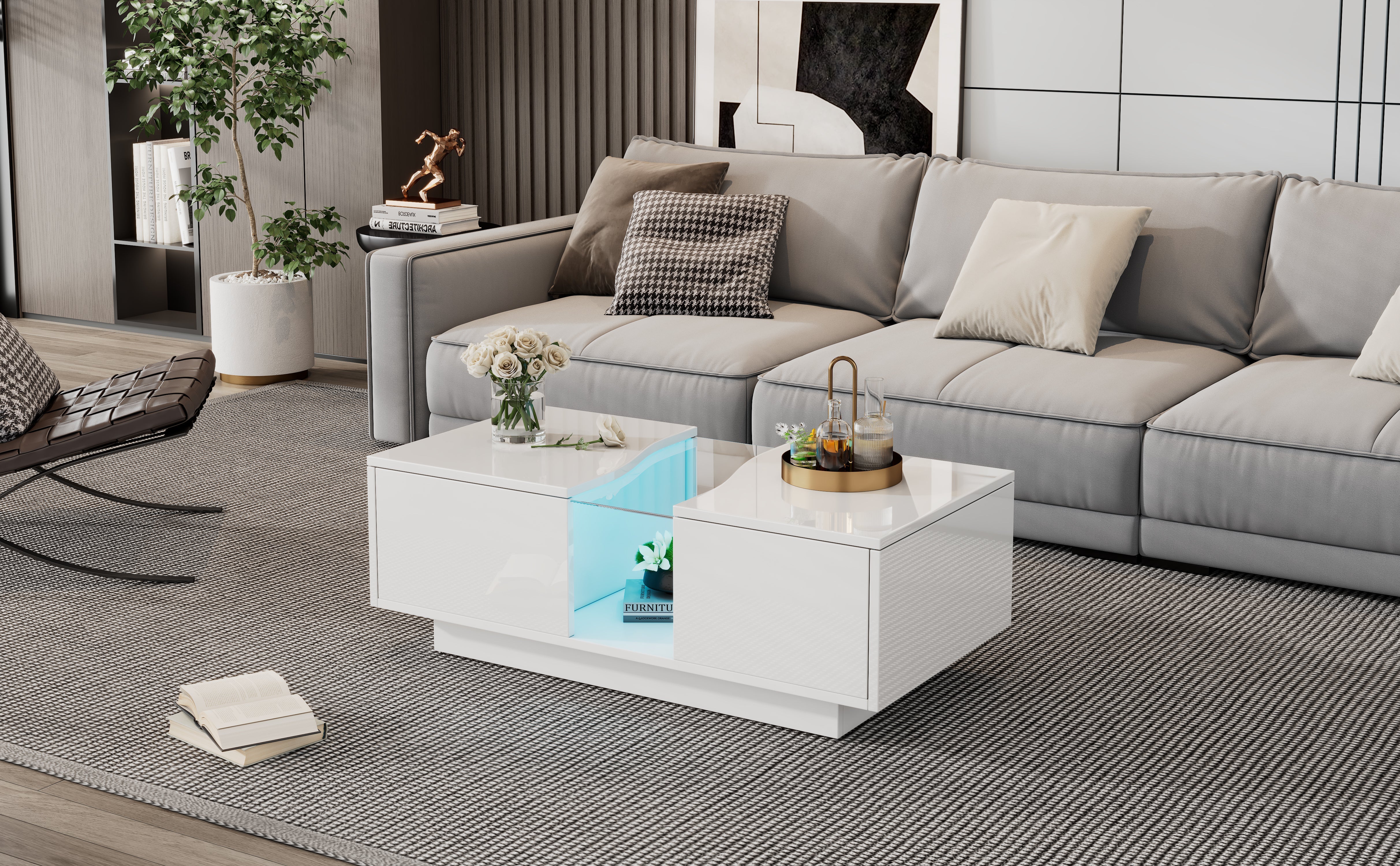 Led Coffee Table 2 Drawer Storage High Gloss 16-Color Lights White