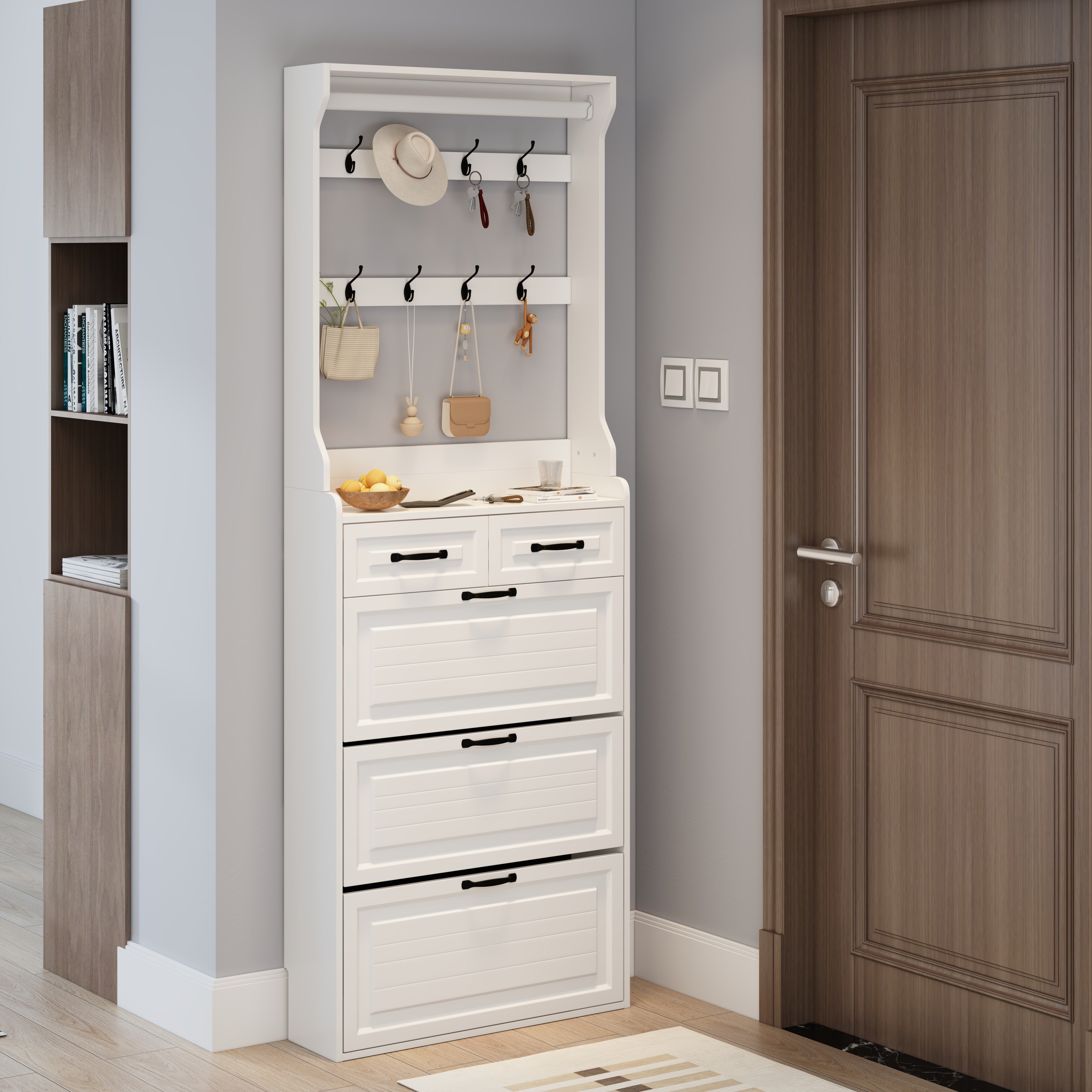 Shoe Cabinet with Hanger, 3 Doors & 2 Drawers - White