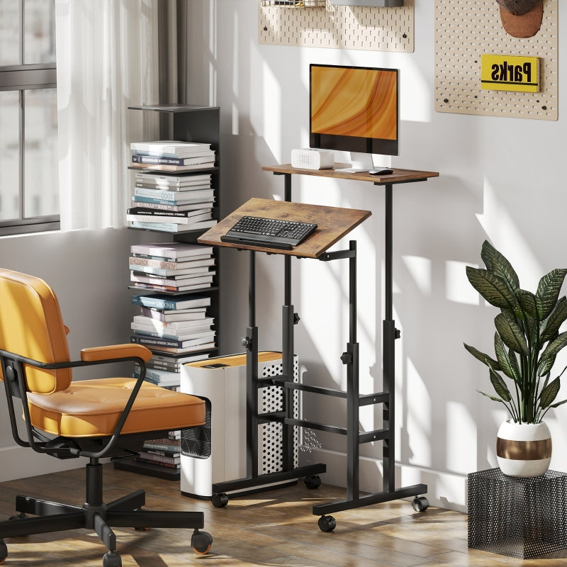 Height-Adjustable Desk 60x60cm Shelf Casters - Rustic Brown