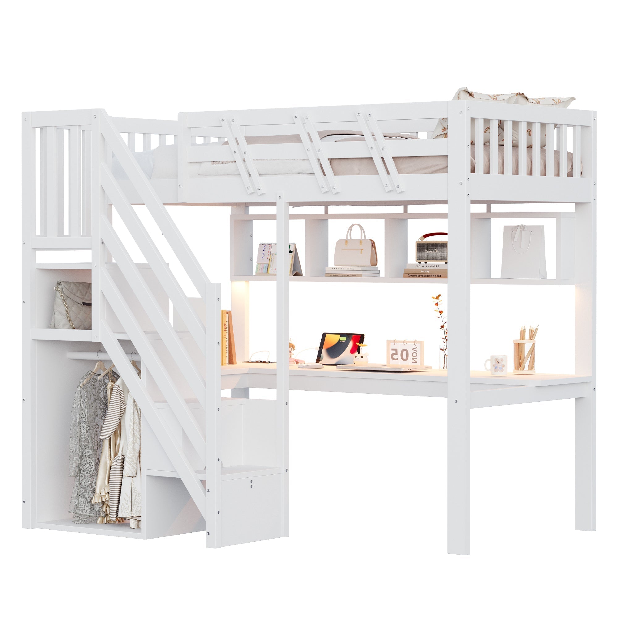 Solid Wood Loft Bed 90x200cm with Stairs Storage Cabinet Desk USB LED - White
