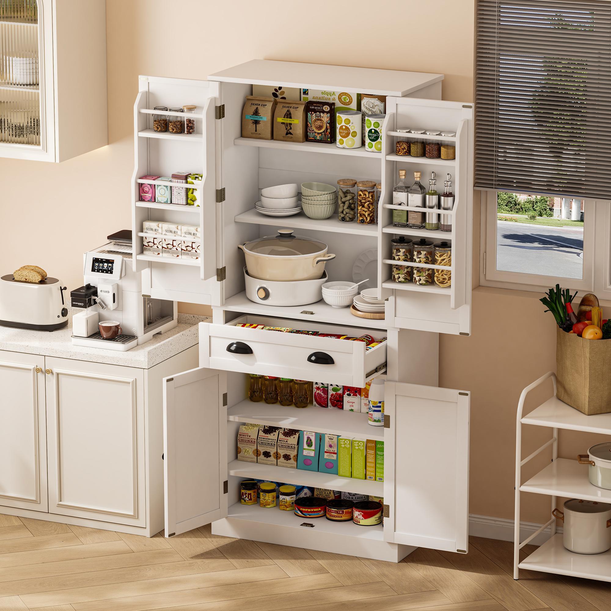 Storage Cabinet with 4 Doors and 1 Drawer, 6 Compartments and 4 Adjustable Shelves, White