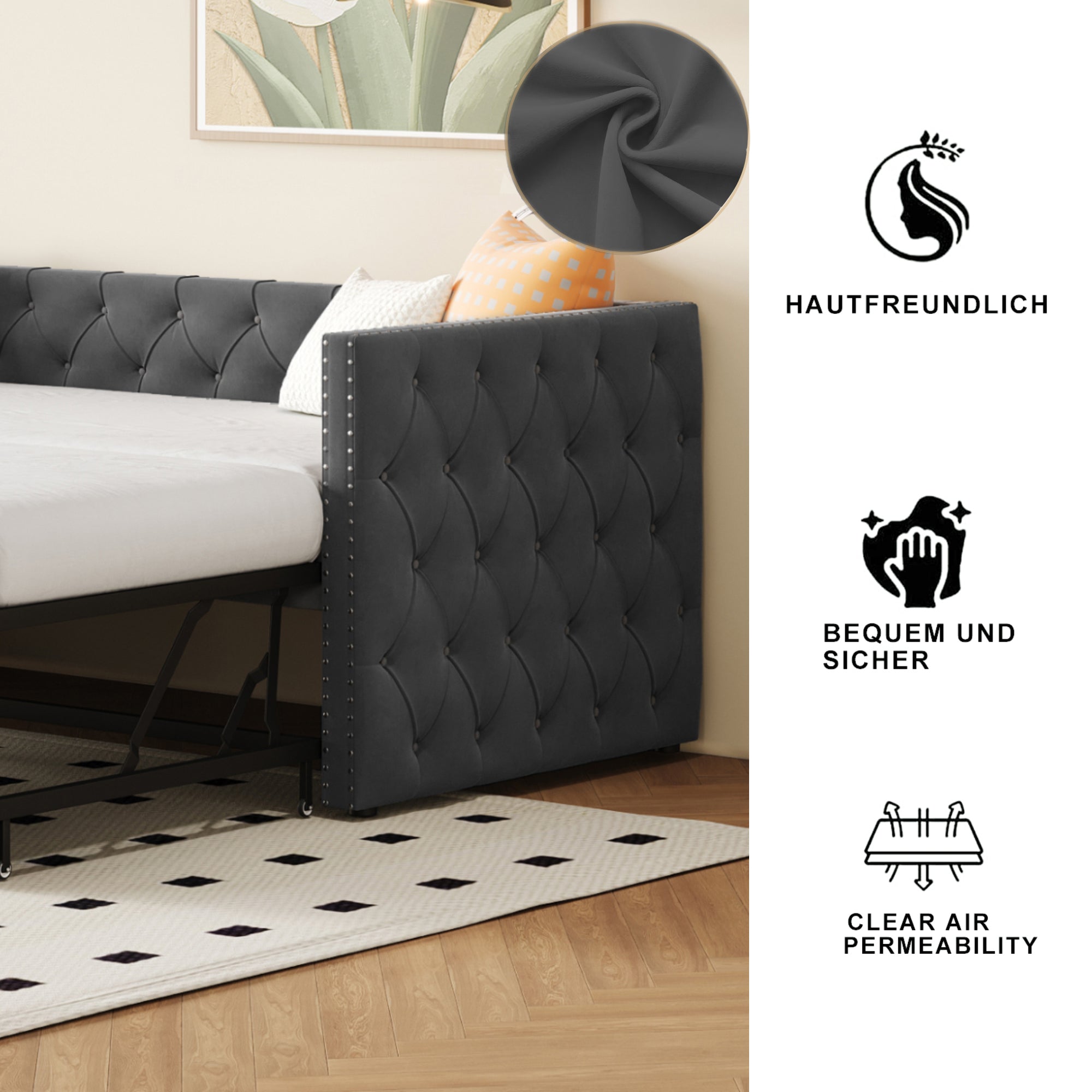 Upholstered Extendable Sofa Bed 90x200cm Multifunctional Slatted Base - Grey Velvet