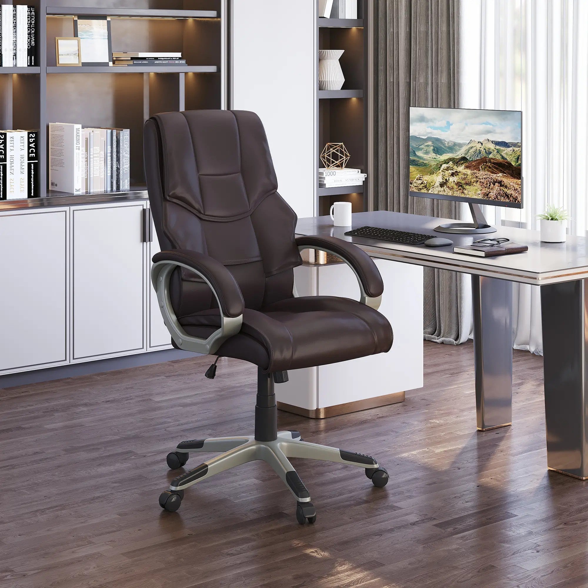 Home Office Chair High Back Adjustable Height Rocking Faux Leather Brown