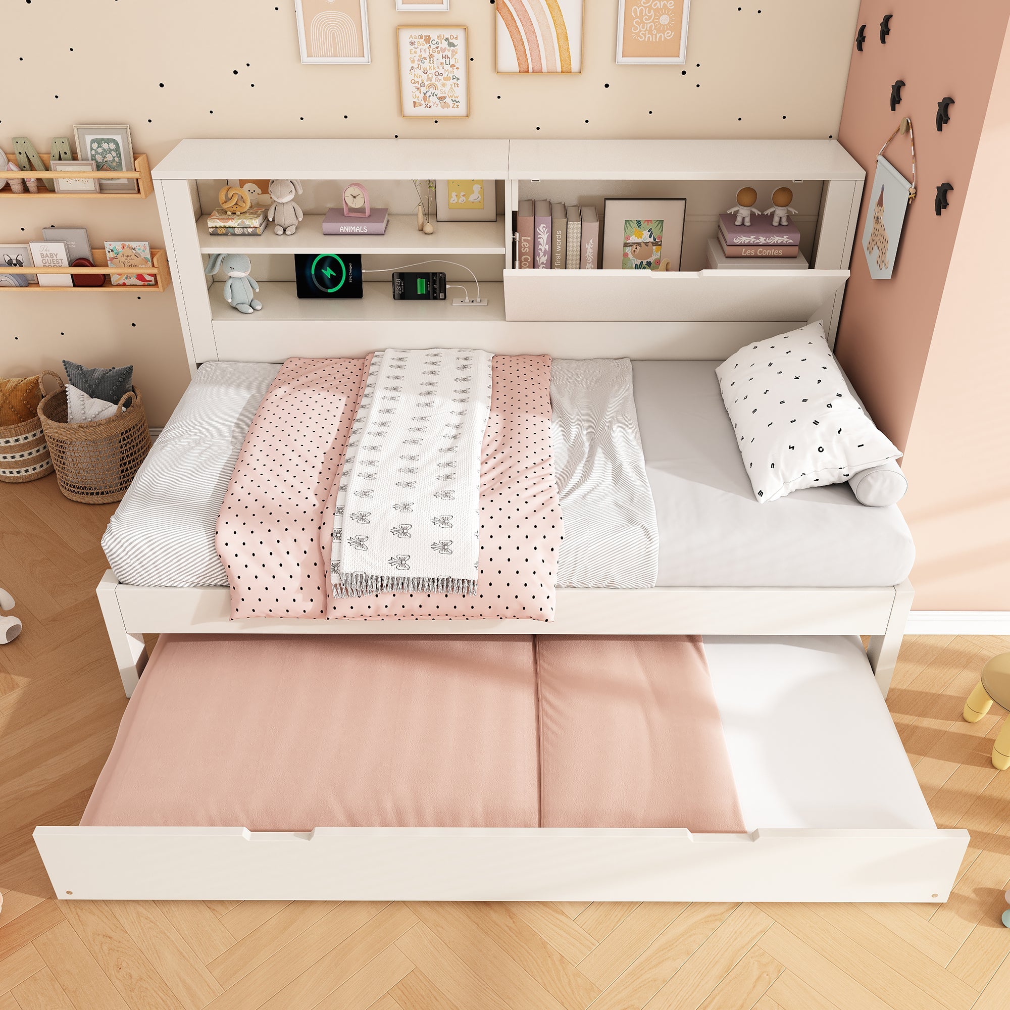 Single Sofa Bed 90x200cm Pull-Out Bed 90x190 Storage USB/USB-C Charging - White Wood