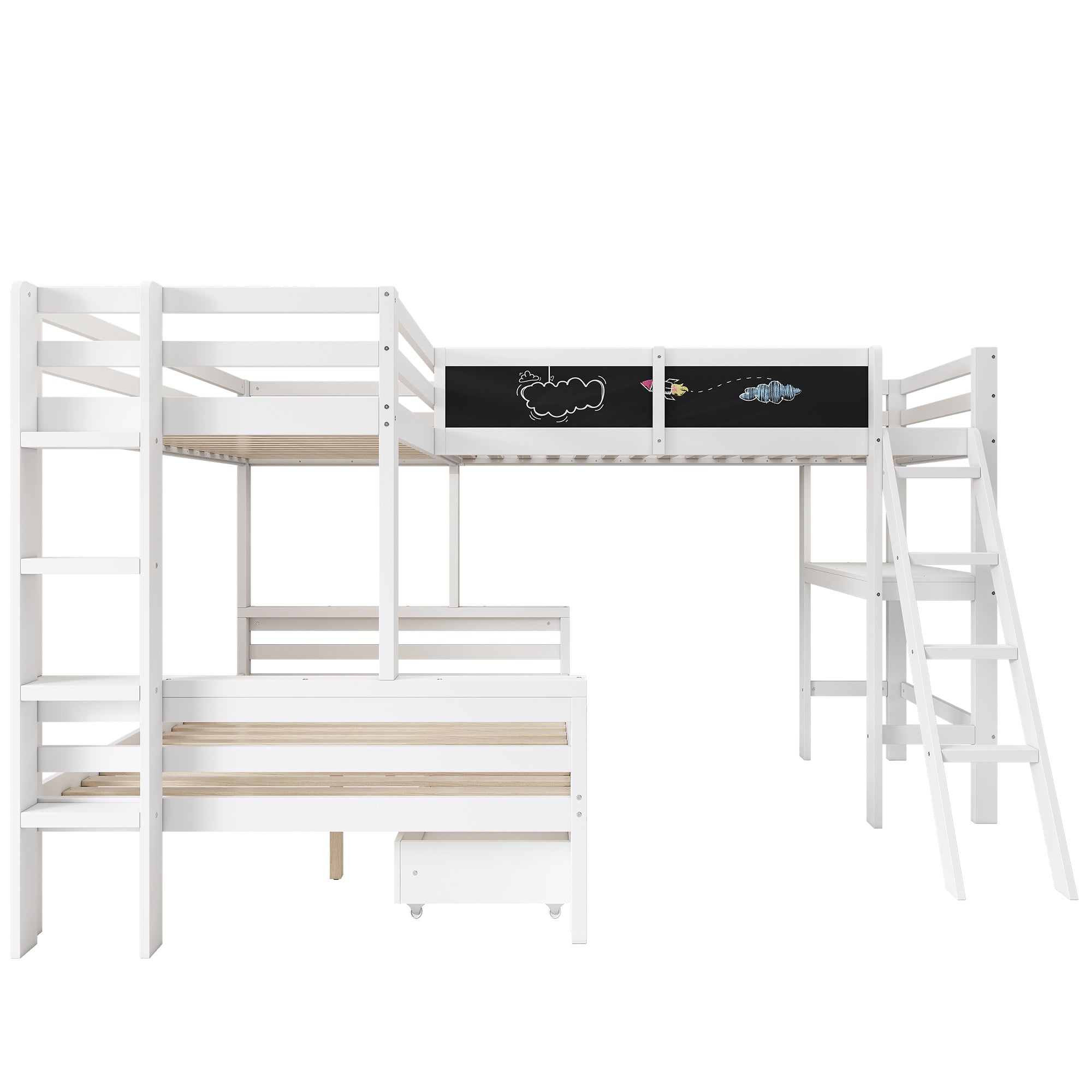 Children's Loft Bed with Desk, Shelf and Drawers, Sleeps Three, 90x200cm and 140x200cm, White Pine Wood