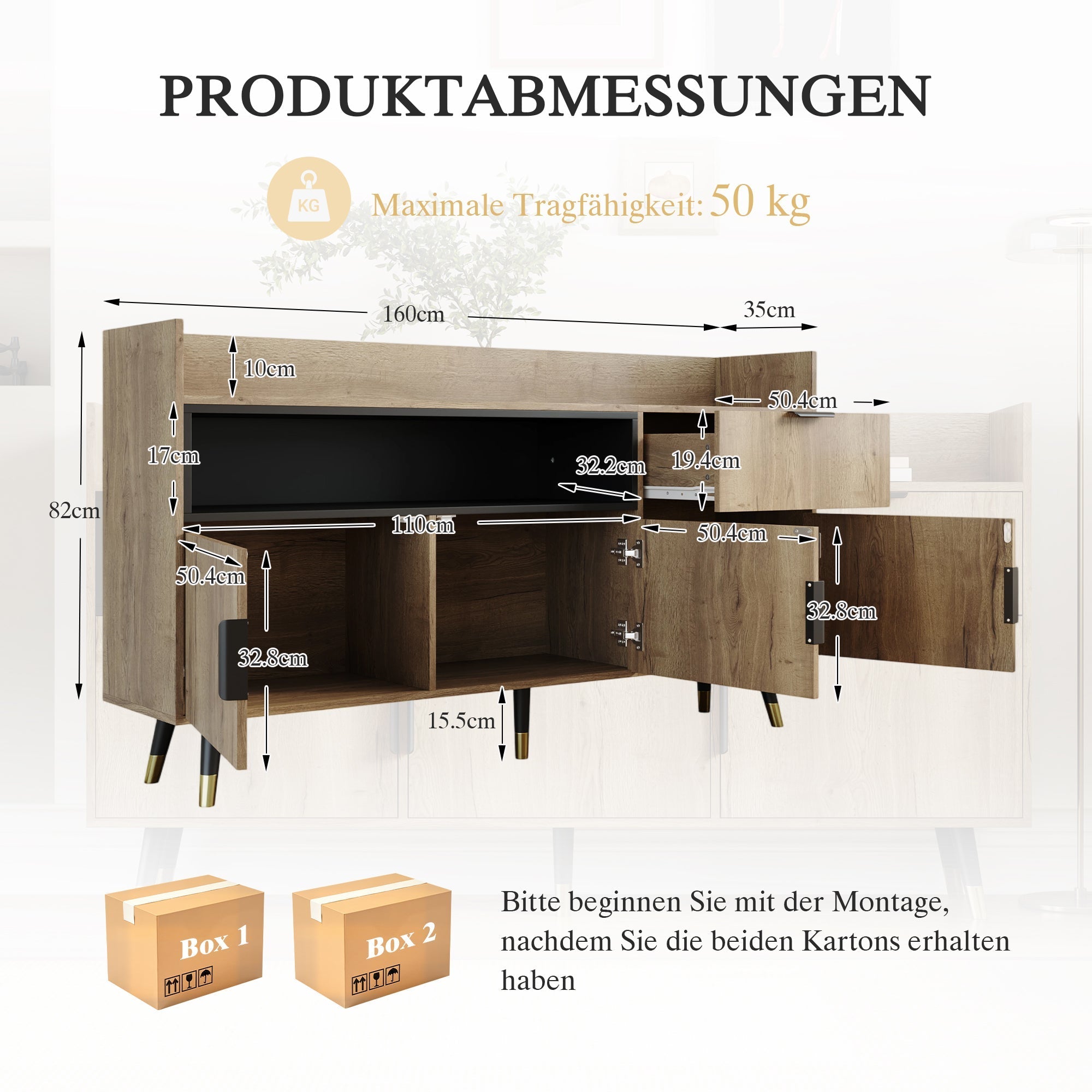 Modern Minimalist Sideboard with Open Shelves, Drawers and Swing Doors, Wood and Metal