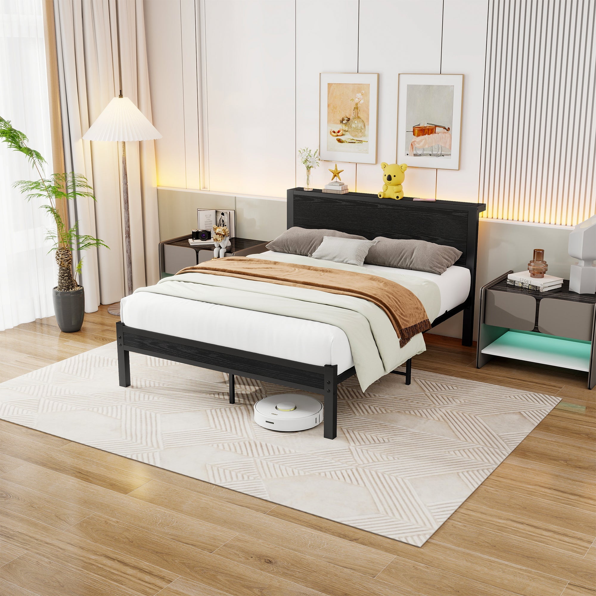 Metal Bed Frame 140x200cm Storage Headboard Noiseless - Black