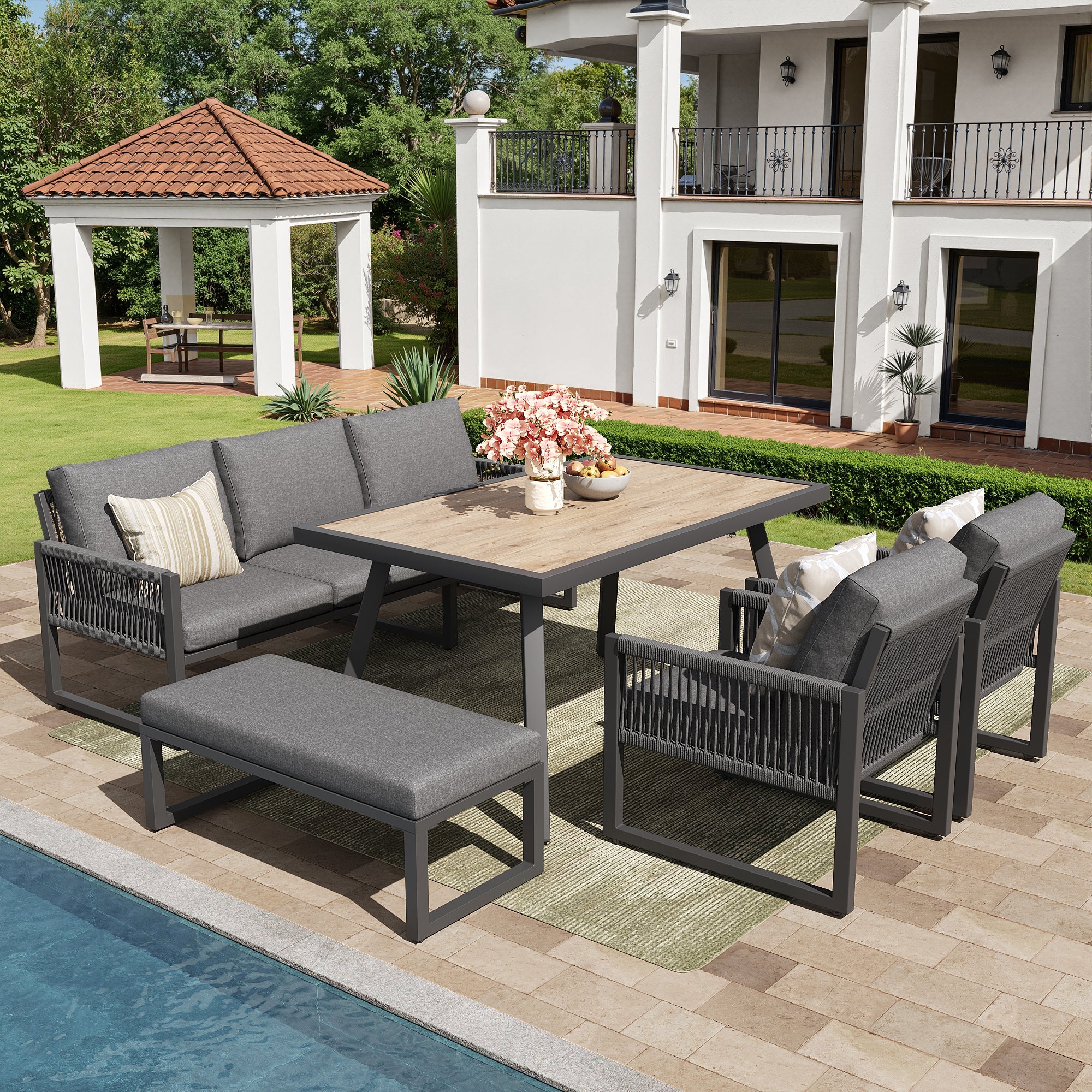 6-7 Seater Garden Lounge Set with Dining Table and Weatherproof Cushions, Gray