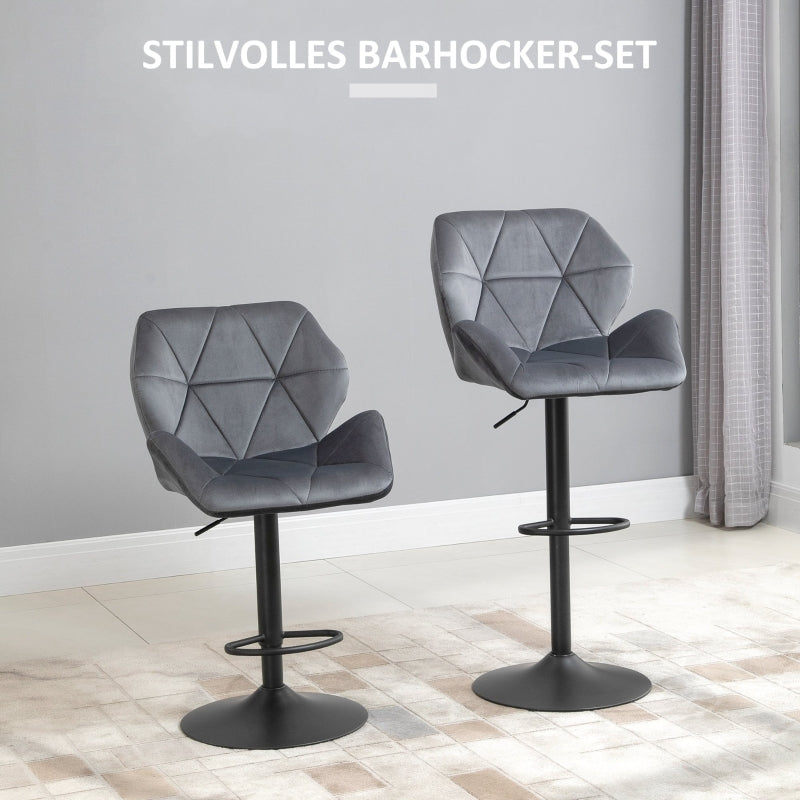 Set of 2 Bar Stools Upholstered Height Adjustable 360° Swivel Backrest - Velvet Look