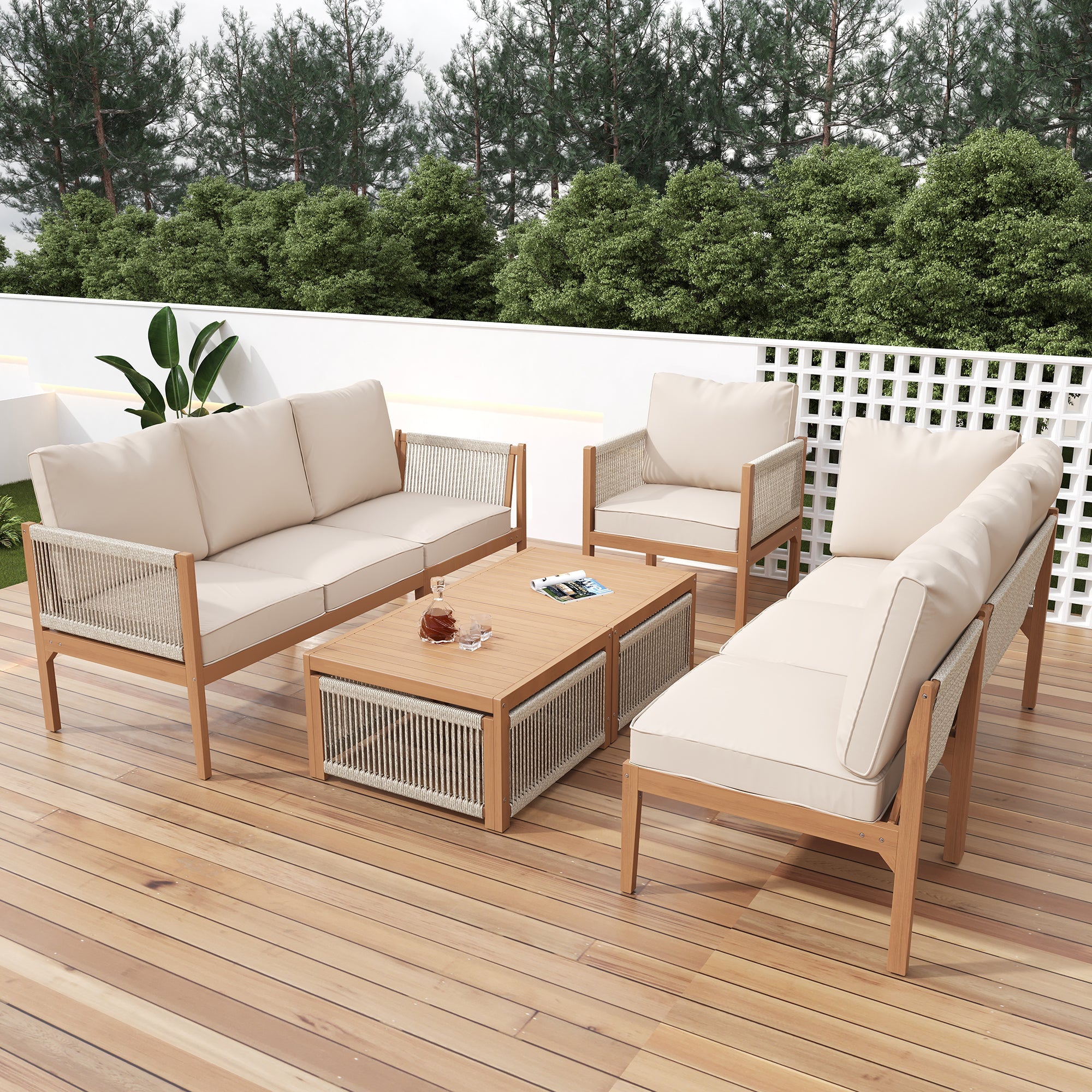 Garden Lounge Set, 7-8 Person Outdoor Sectional Sofa and Table with Washable Cushions, Natural and Beige