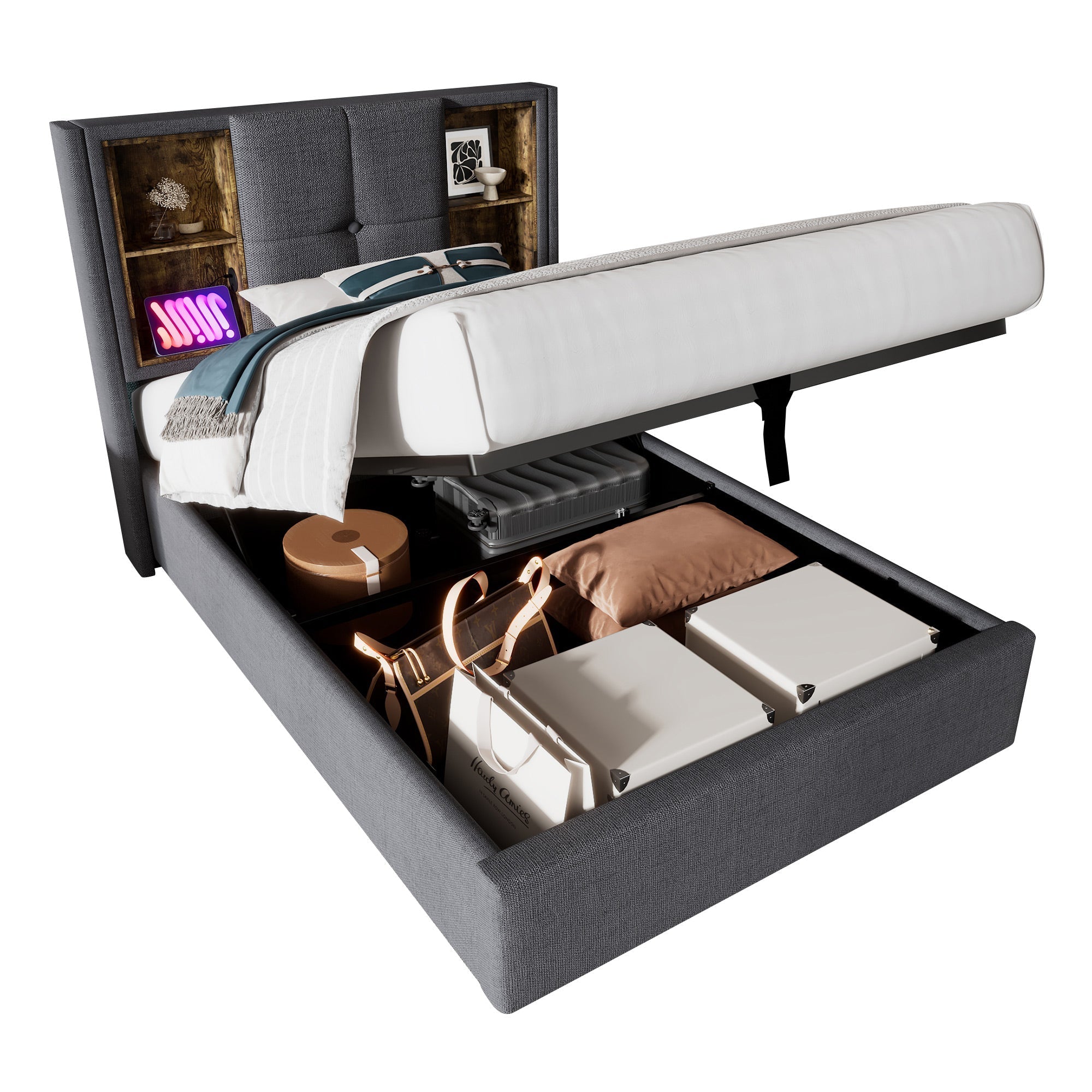 Single Bed, Wireless Charging USB C, 90x200cm with Storage, Wood-Grey Cotton