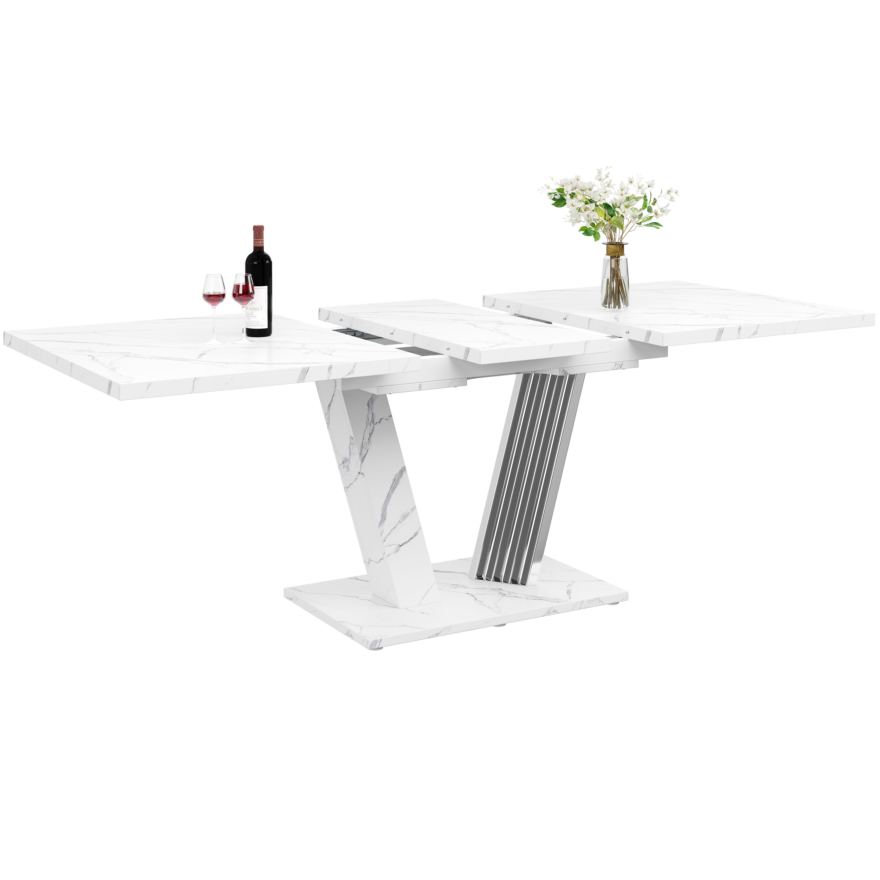 Dining Set Extendable Table with 4 Faux Leather Chairs Grey