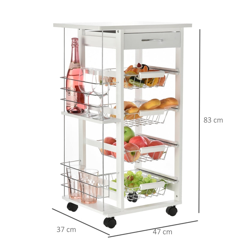 Multi-Use Kitchen Island Trolley, 4 Baskets Drawer Worktop 4 Wheels, White
