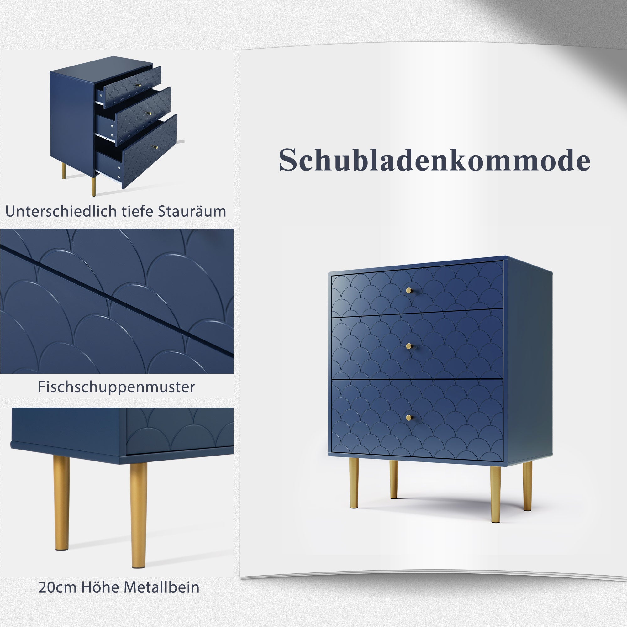 Chest of Drawers 3-Drawer Sideboard Highboard - Navy Blue