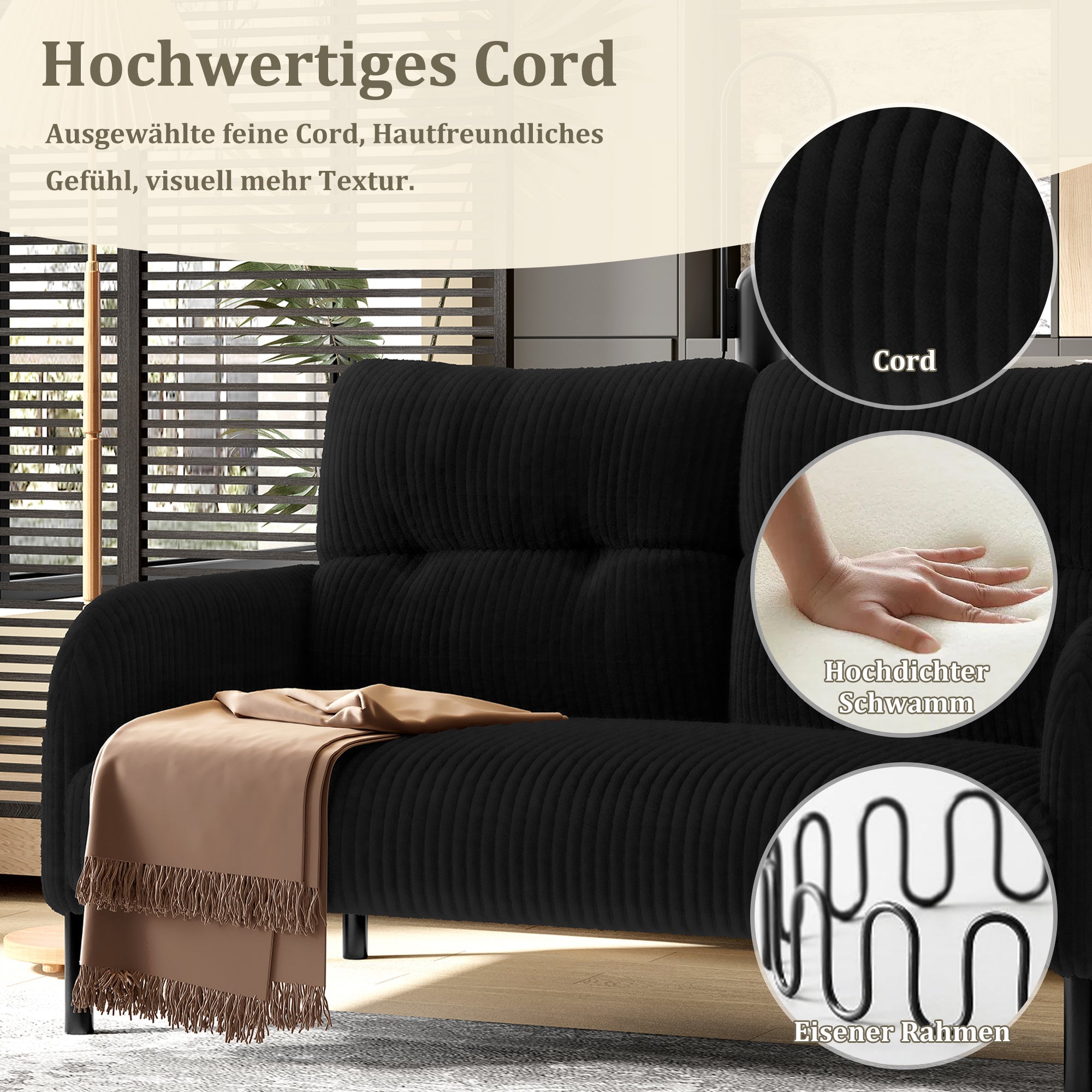 Two-Seater Sofa, Comfort Padding High Backrest Side Pockets Metal Feet, Corduroy