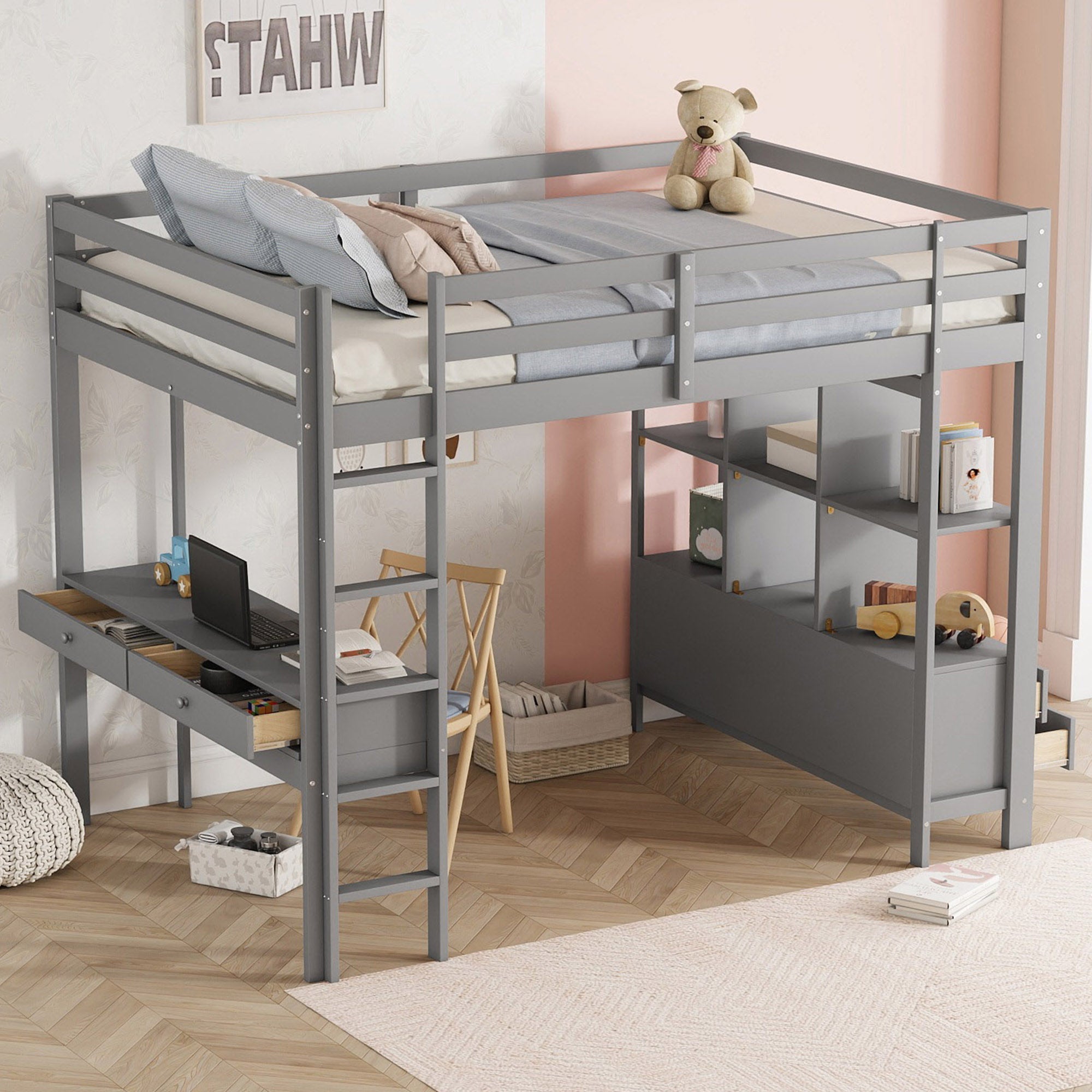 Loft Bed 140x200cm Storage Drawers Under-Bed Desk - Grey