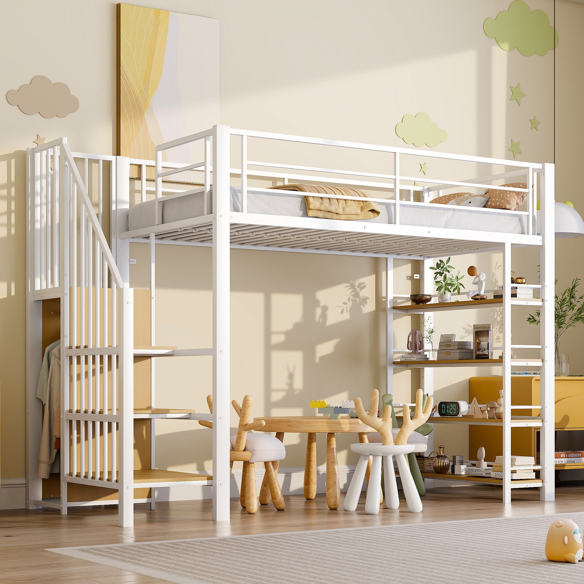 Loft Bed 90*200, Safety Stairs, Storage & Wardrobe, White