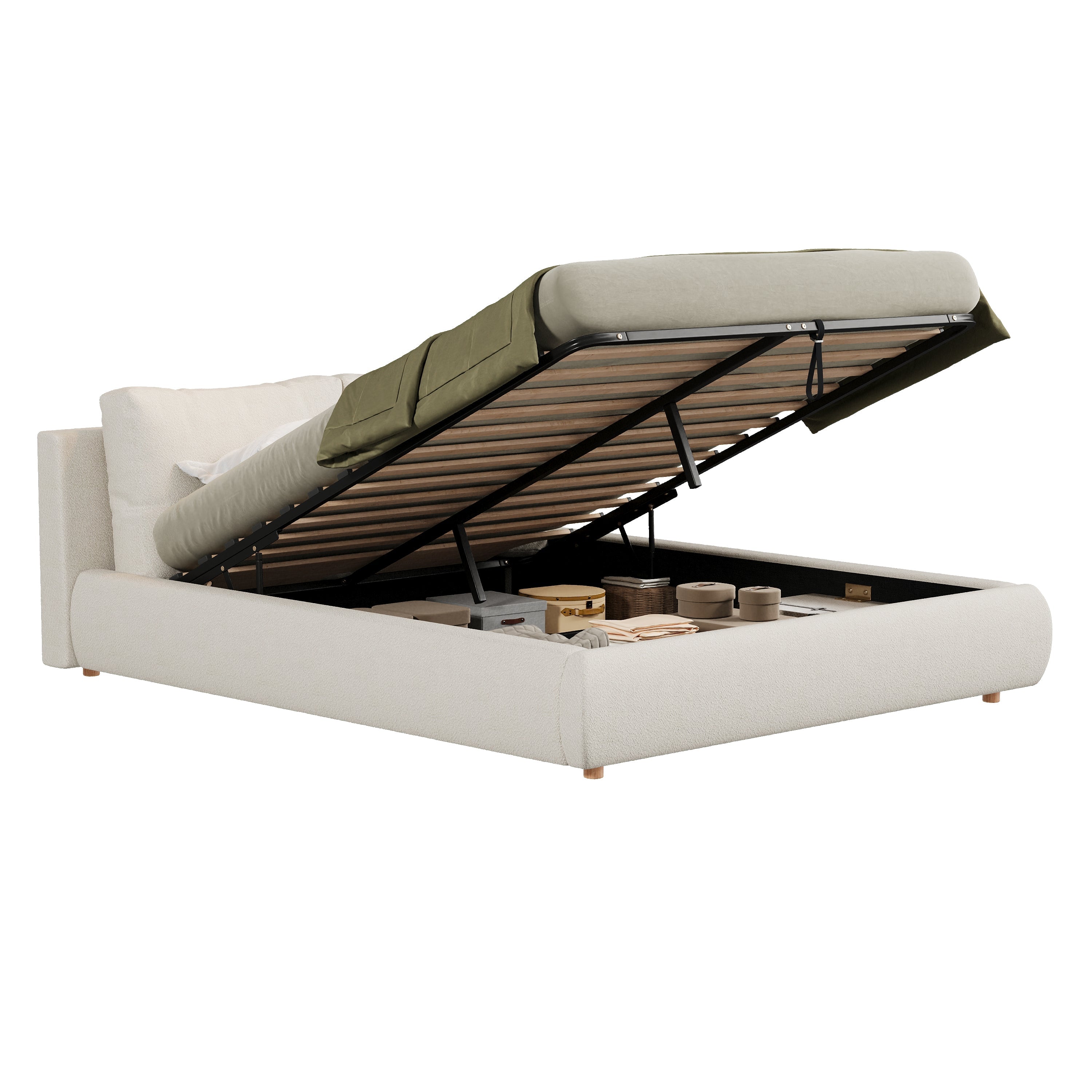 Ottoman Storage Bed Frame, 5ft Upholstered Cloud Bed with Boucle Fabric, Warm White