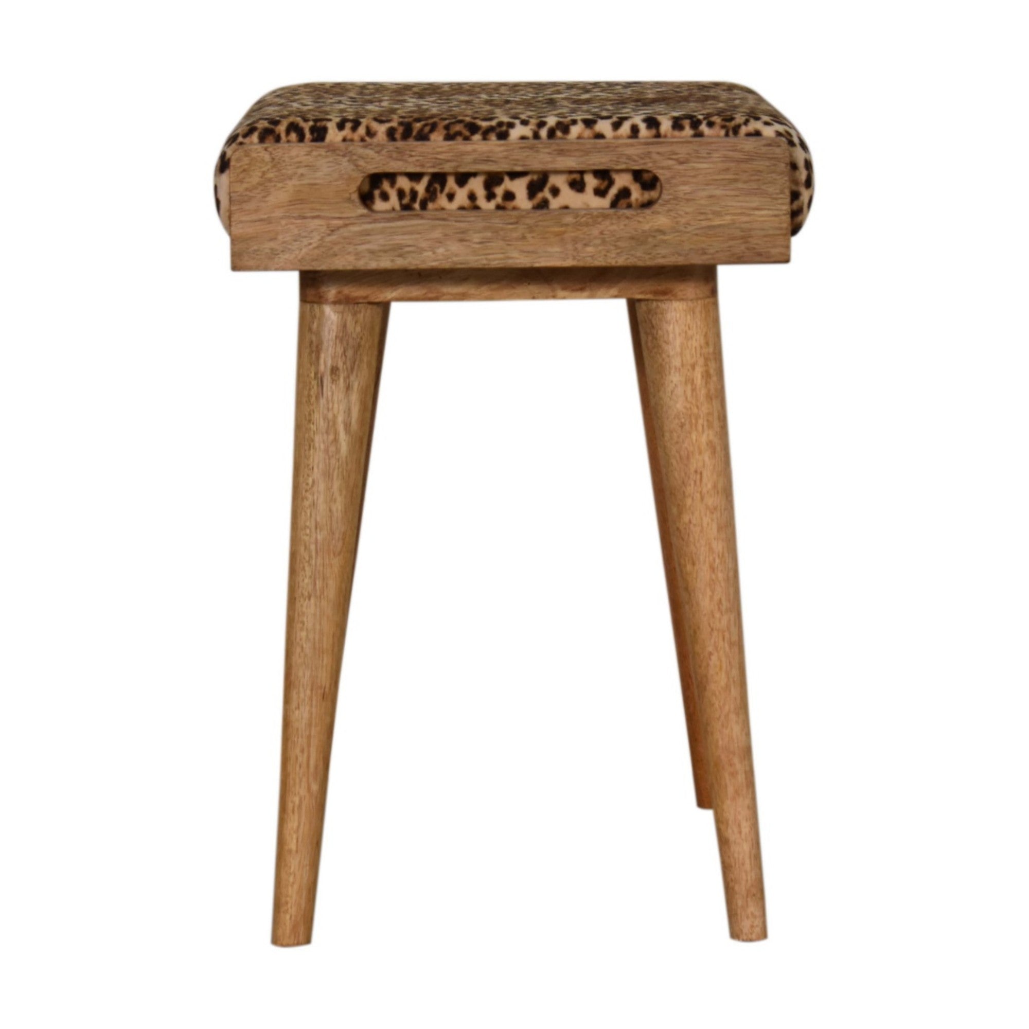 Solid Wood Footstool, Tray Style Upholstered Leopard Velvet, Light Brown