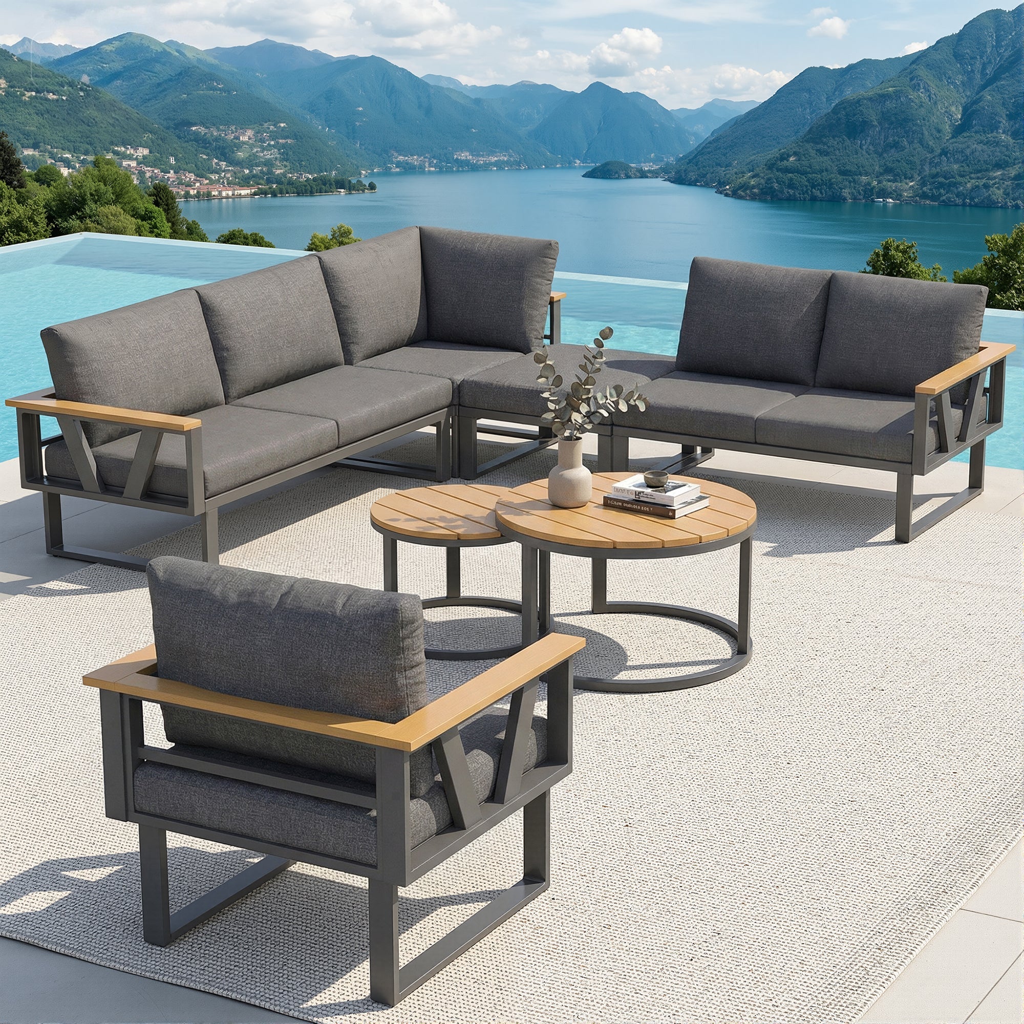 Modular Outdoor Seating Set with 9cm Cushions and 2 Wooden Tables, Grey/Beige