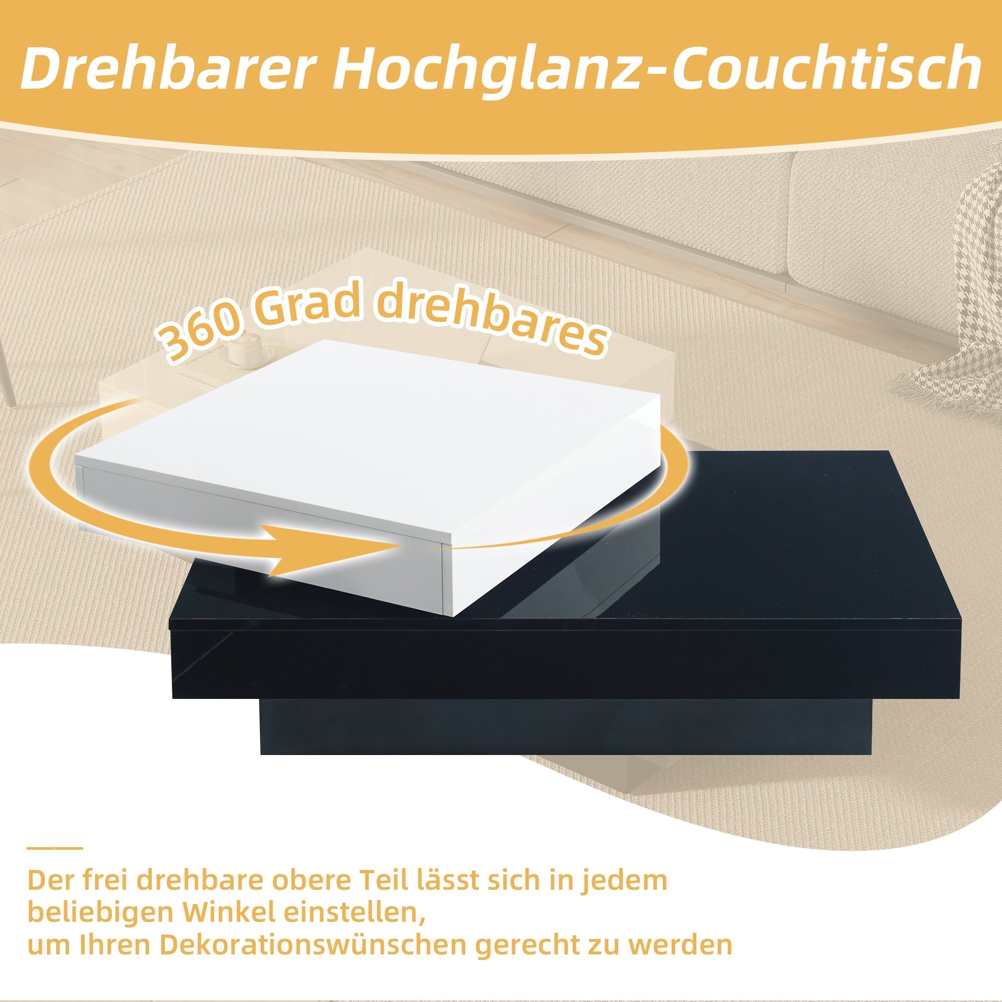 Rotating Coffee Table, Double-Layer with High Gloss Surface, Black and White