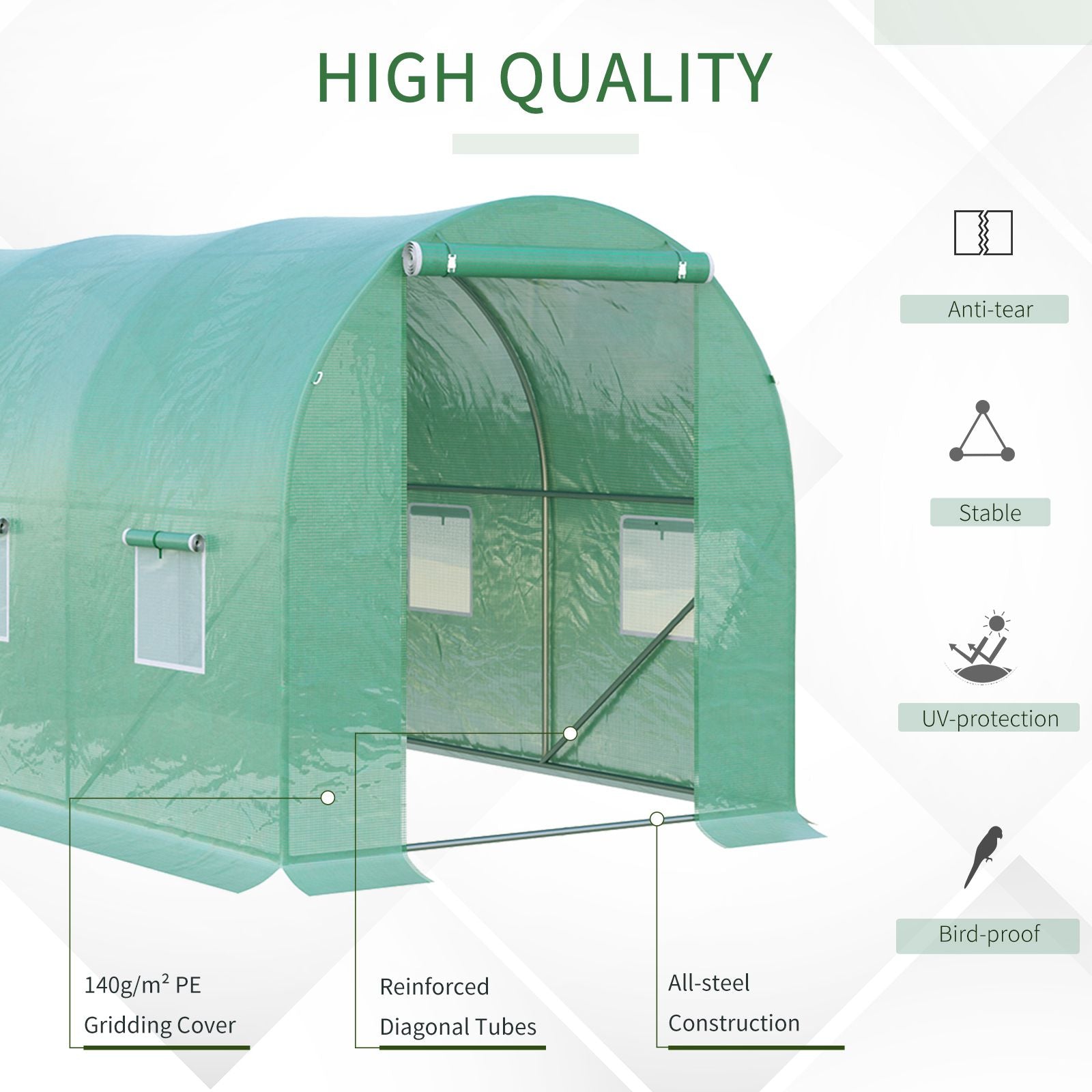 4 x 2 x 2 m Polytunnel Greenhouse, Roll-up Door 6 Mesh Windows Galvanised Steel Frame, Green