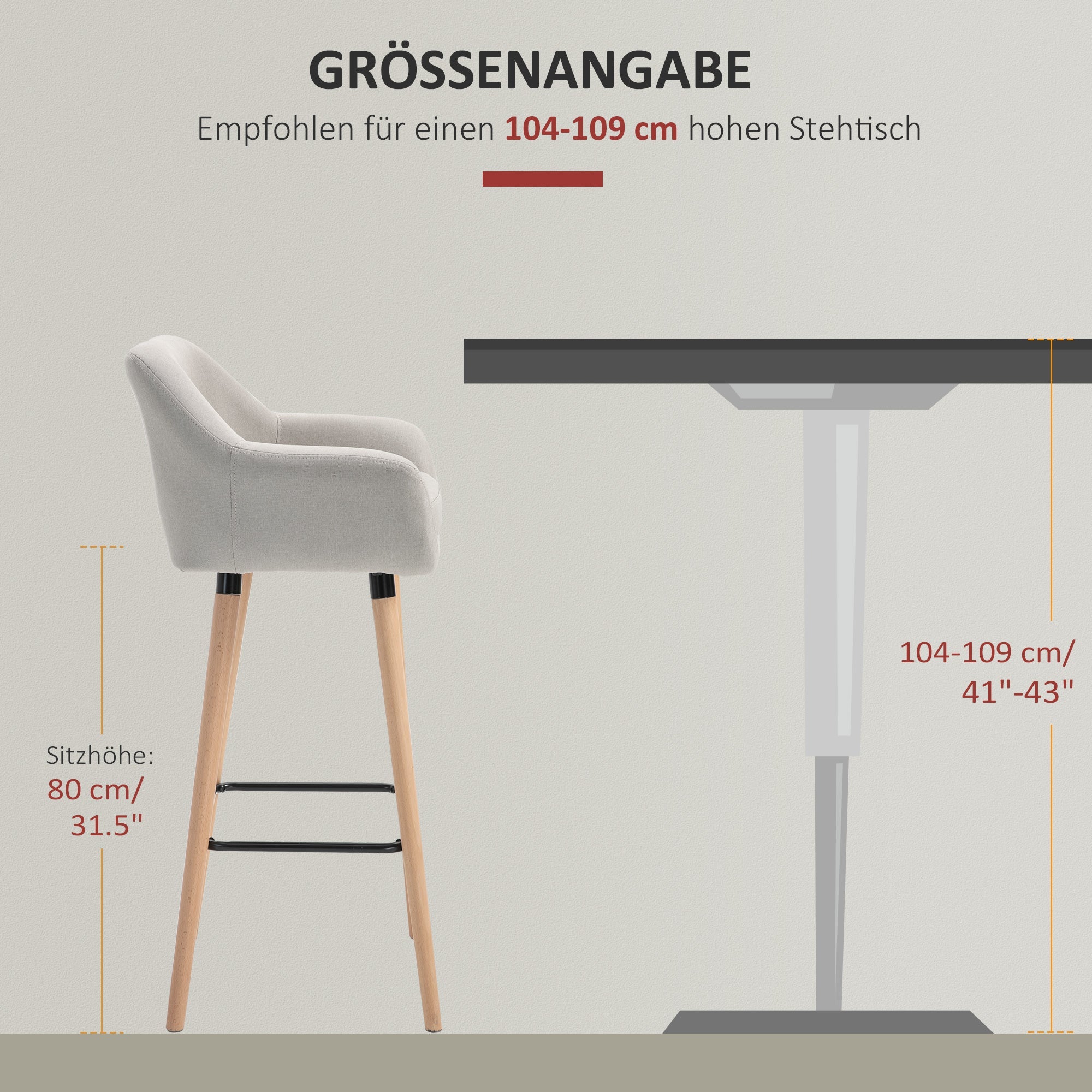 Bar Stool Set of 2, Comfortable Kitchen Stools with Footrests, Linen Beige/Beechwood