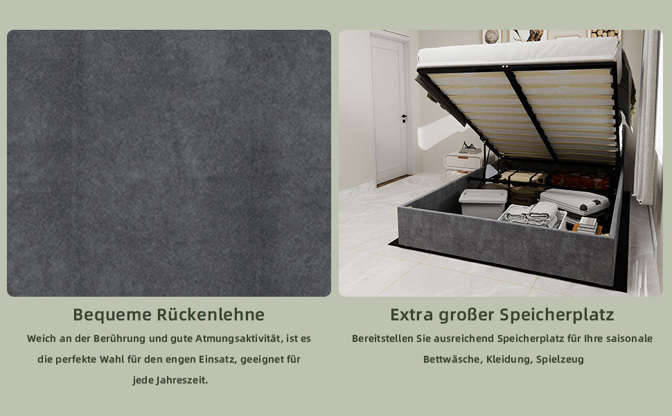 Modernes Bettgestell in schlichtem Stil 90 x 200 cm Gasdruckfeder Stauraum Holländischer Samt Grau