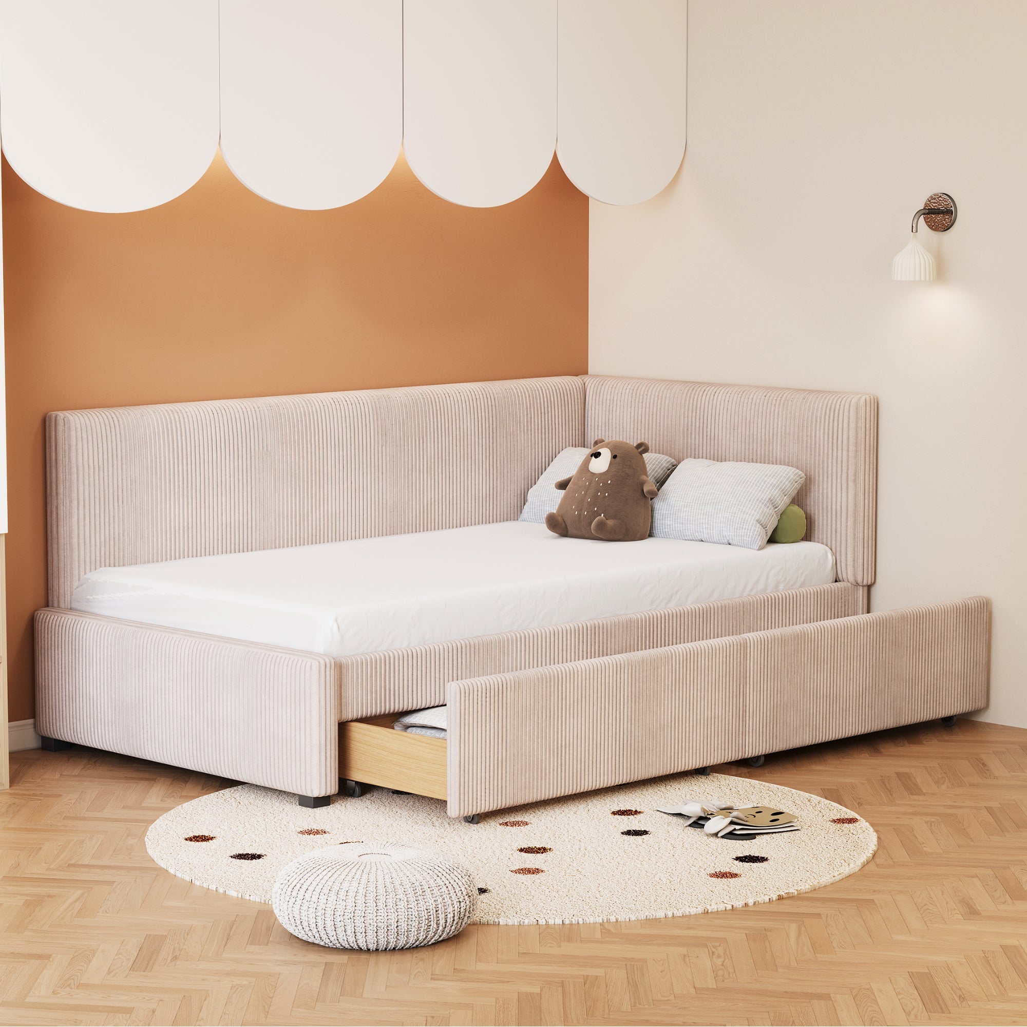 Upholstered Bed Sofa, 90x200 Multifunctional with Storage Drawers, Beige Velvet