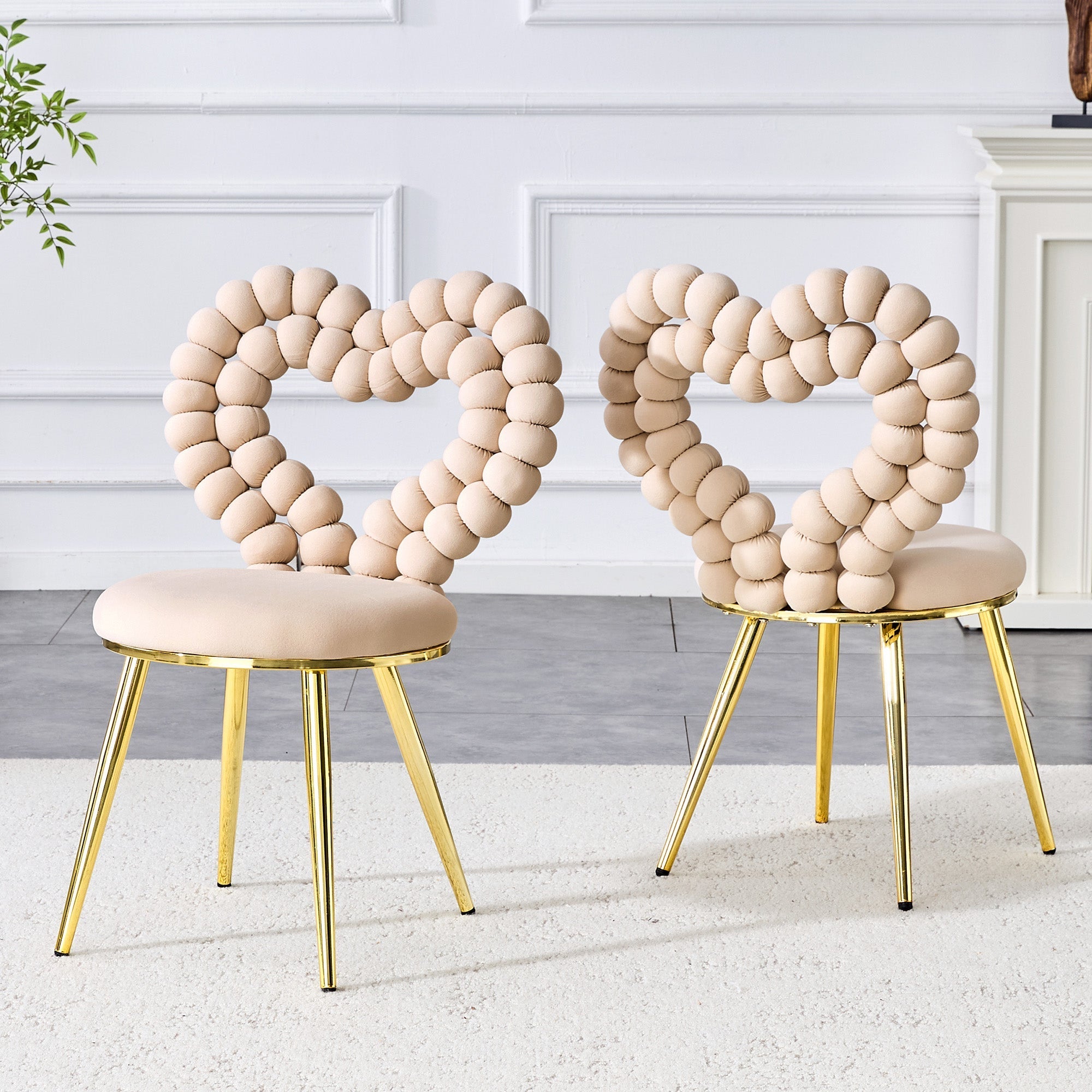 Dining Chairs (Set of 2) Heart Cutout Backrest Gold Metal Legs - Light Beige Velvet