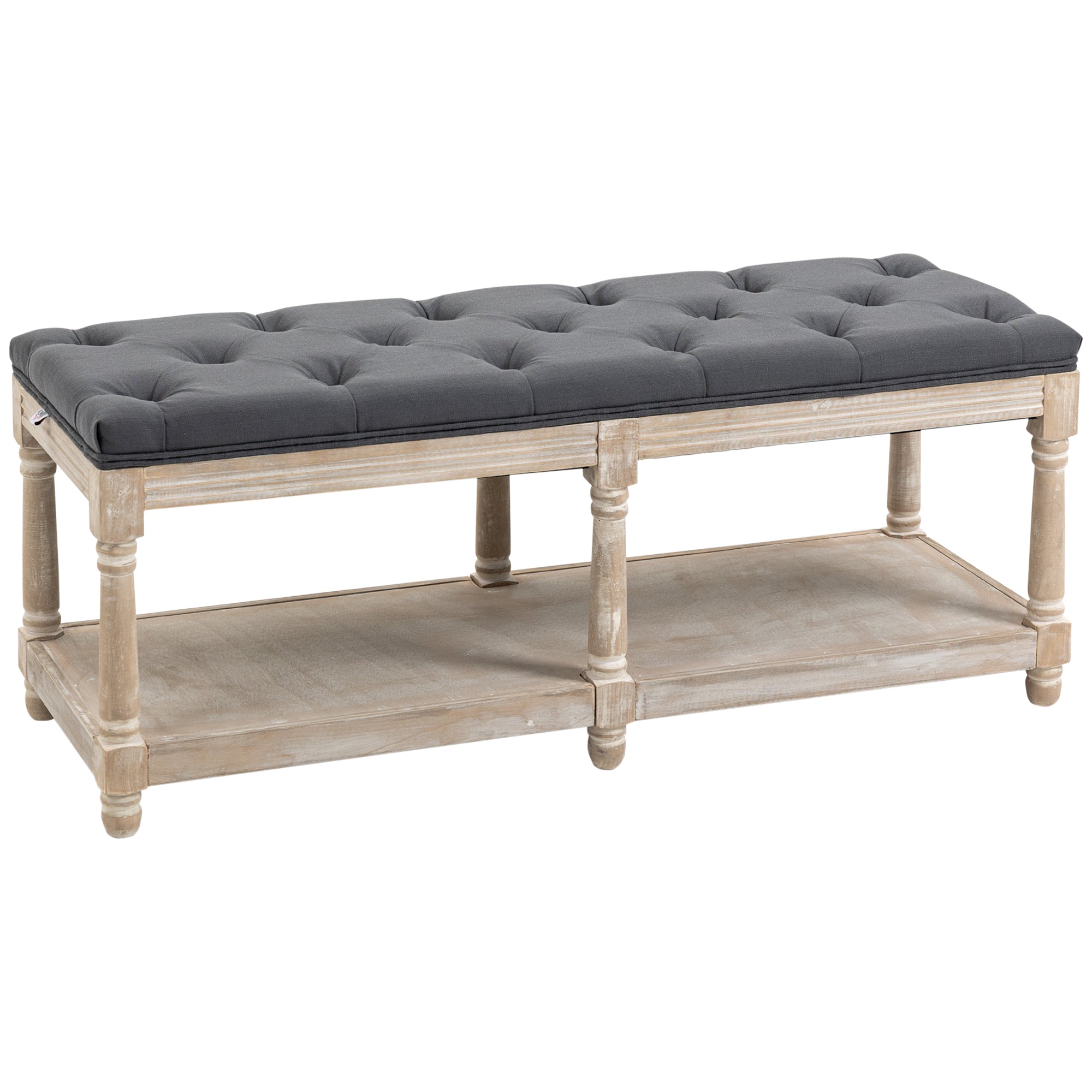 Shoe Bench with Storage, Upholstered, Wooden Legs, Grey Linen