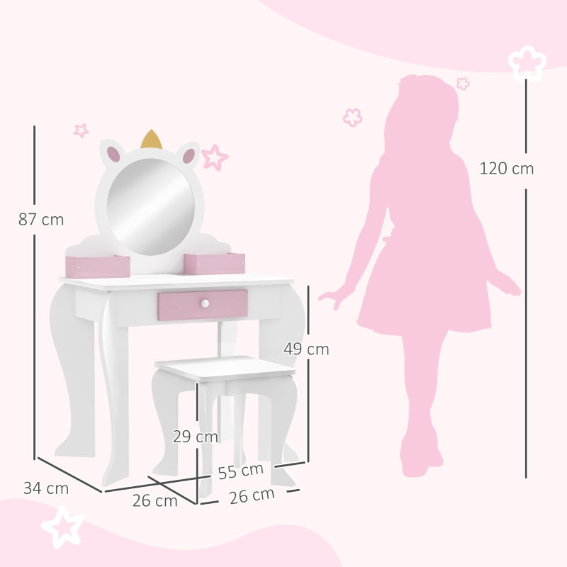 Unicorn-Design Kids Dressing Table with Mirror and Stool, White