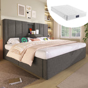 Upholstered Bed 140x200cm Hydraulic Storage with Charging Station and Cup Holder Linen Grey