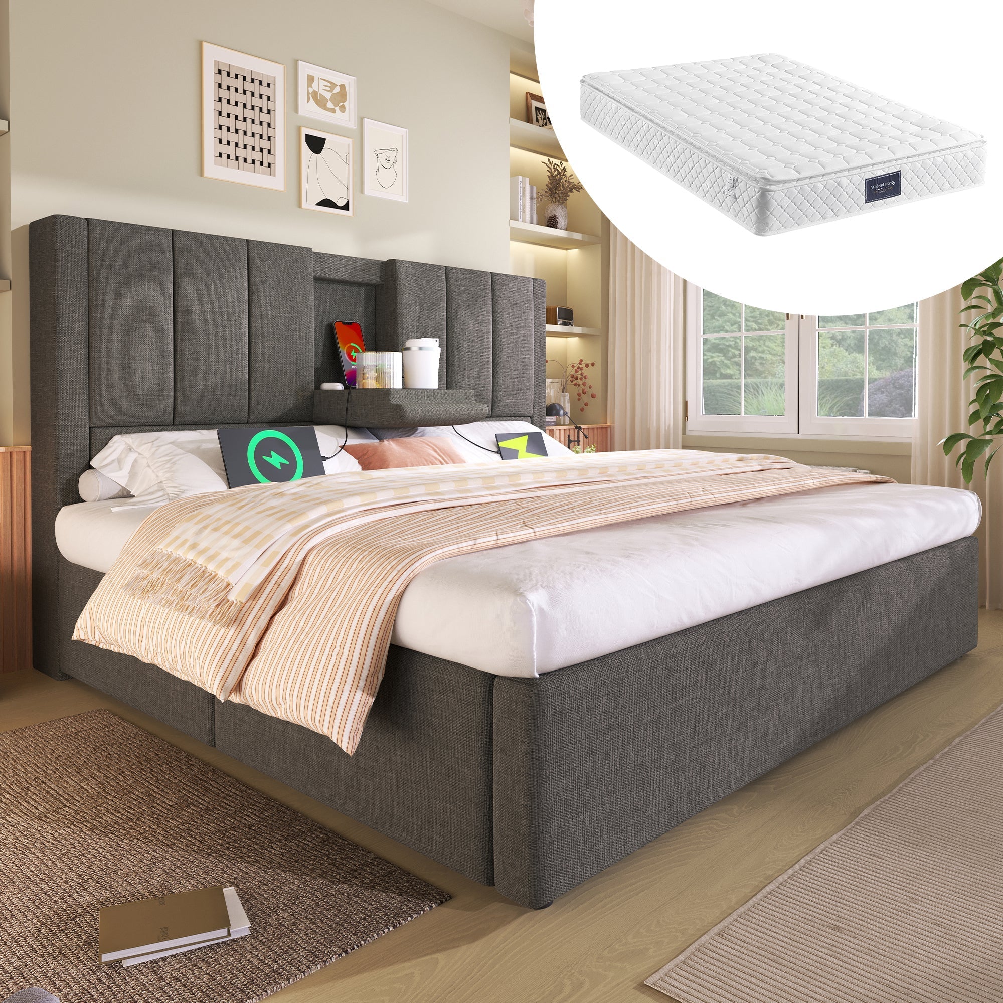 Upholstered Bed 140x200cm Hydraulic Storage with Charging Station and Cup Holder Linen Grey