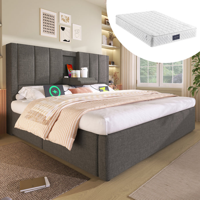 Upholstered Bed 140x200cm Hydraulic Storage with Charging Station and Cup Holder Linen Grey