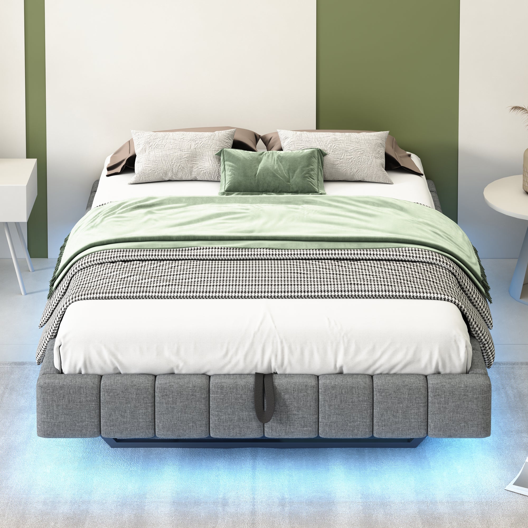 Upholstered Bed, 140x200 cm Hydraulic Floating with Storage & LED Light, Linen Grey