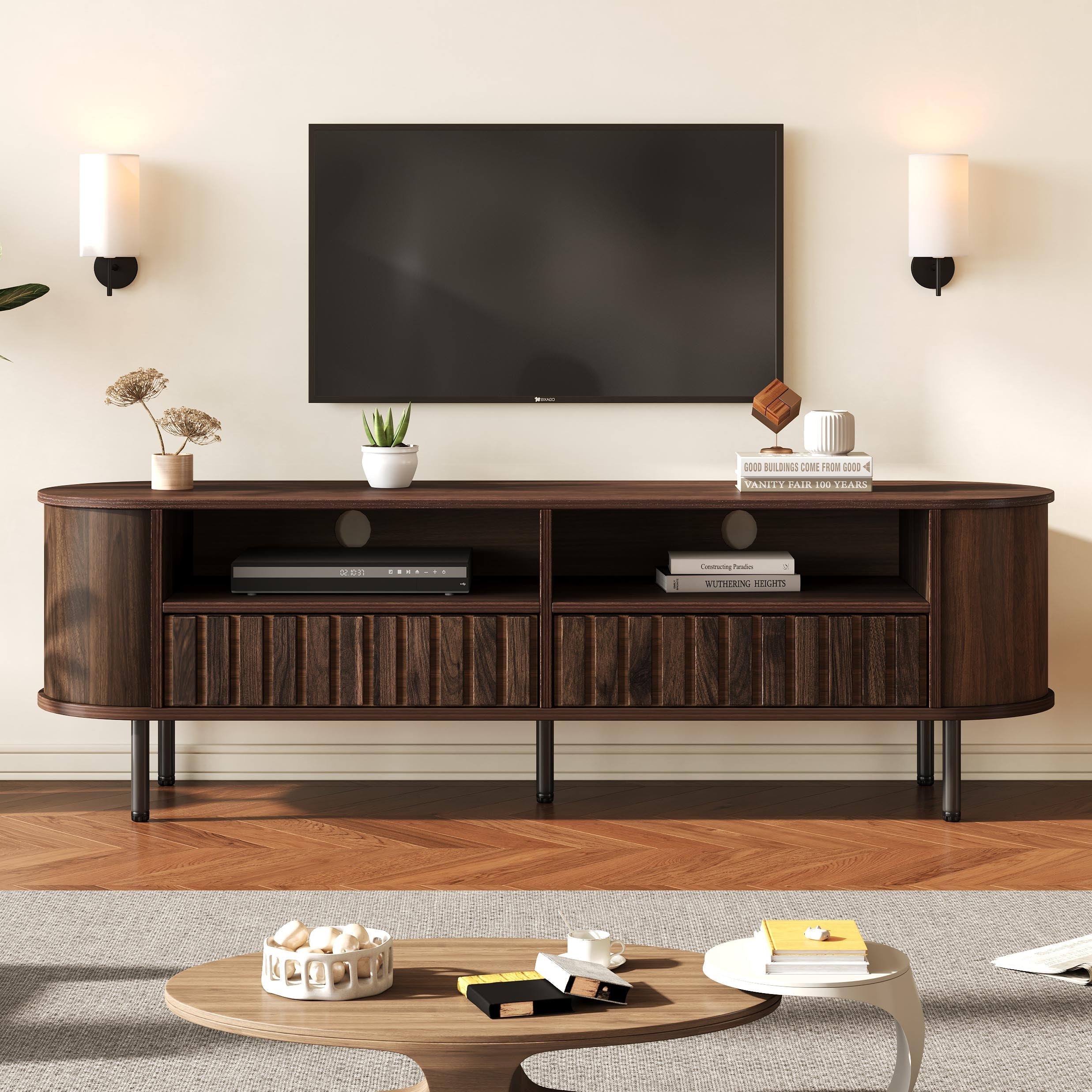 TV Cabinet Lowboard 160cm 2 Cabinets 2 Drawers for 65-inch TV Walnut