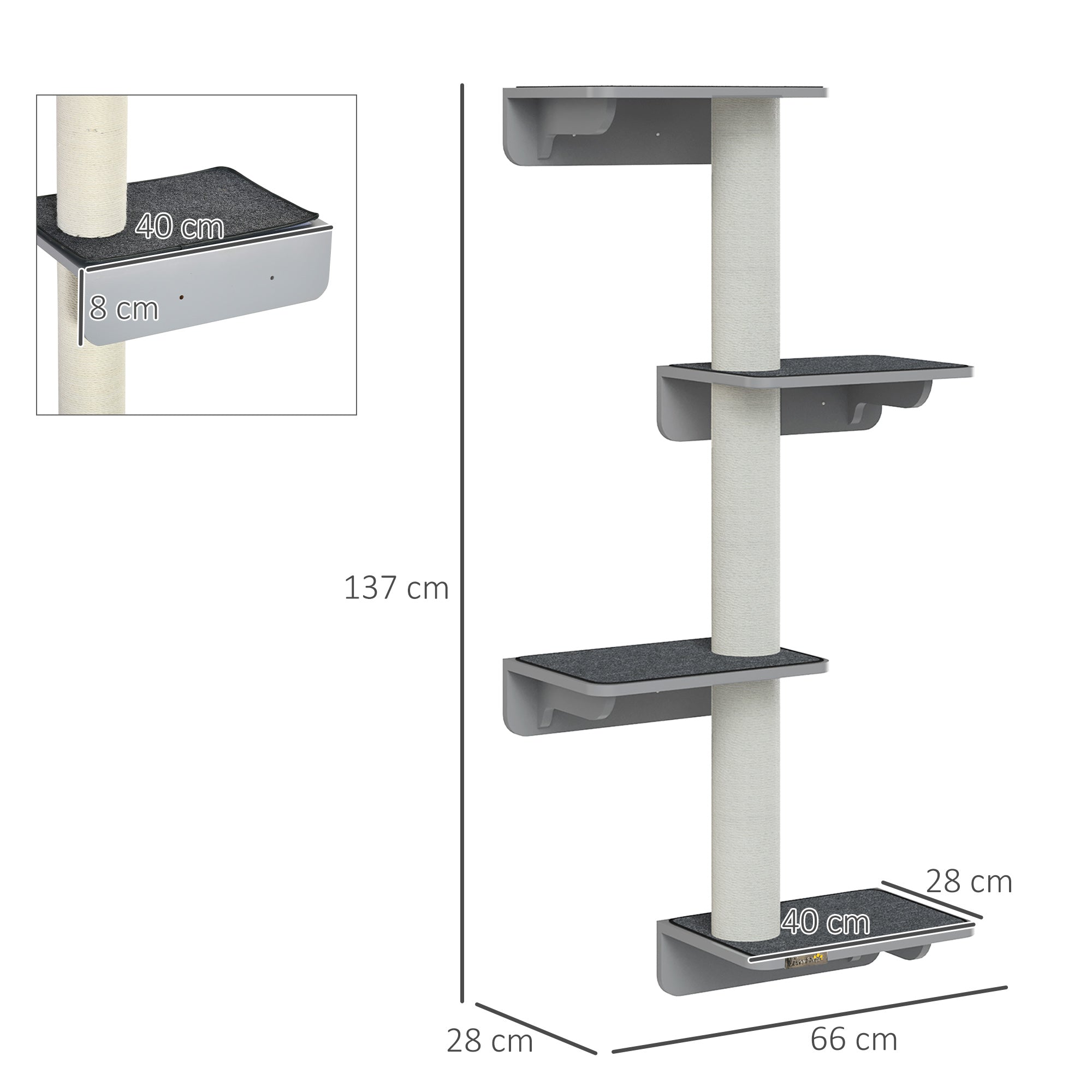 Wall-Mounted Cat Scratching Post with Climbing Wall, Wood in Light Grey Beige
