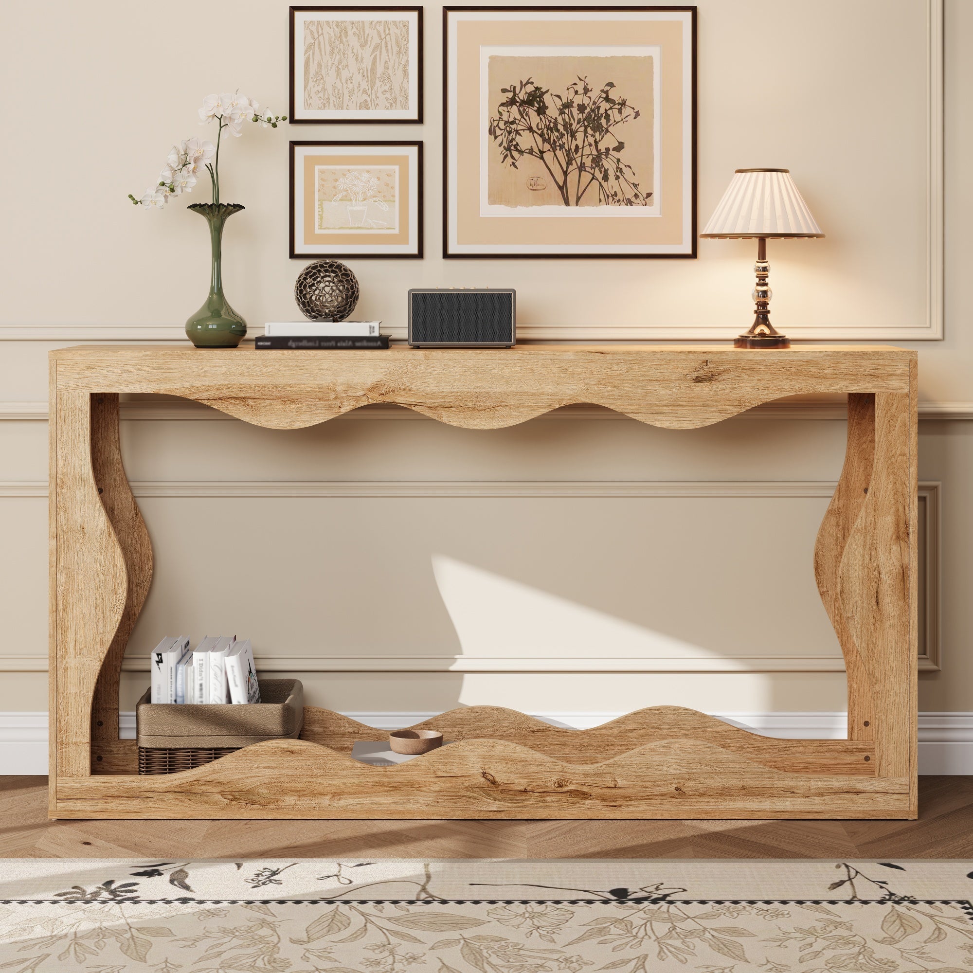 Wavy-Edge Console Table with 2-Tier Shelf and Natural Edge Design, Wood-Look