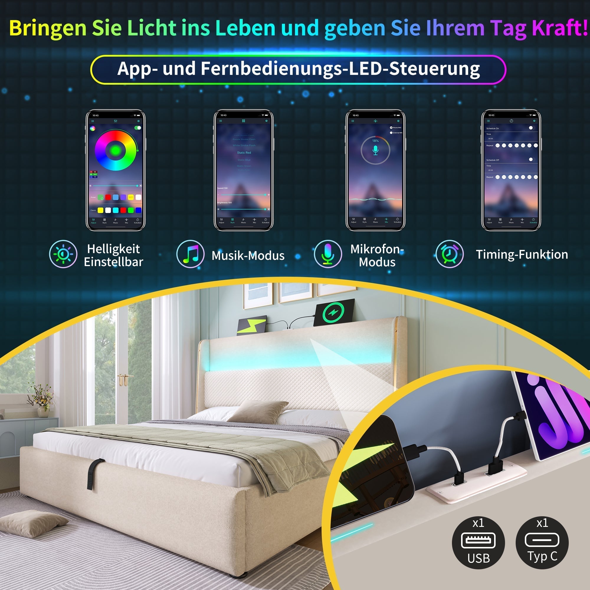Modern Hydraulic Bed 140x200cm LED Storage USB/Type-C, Linen Look Beige