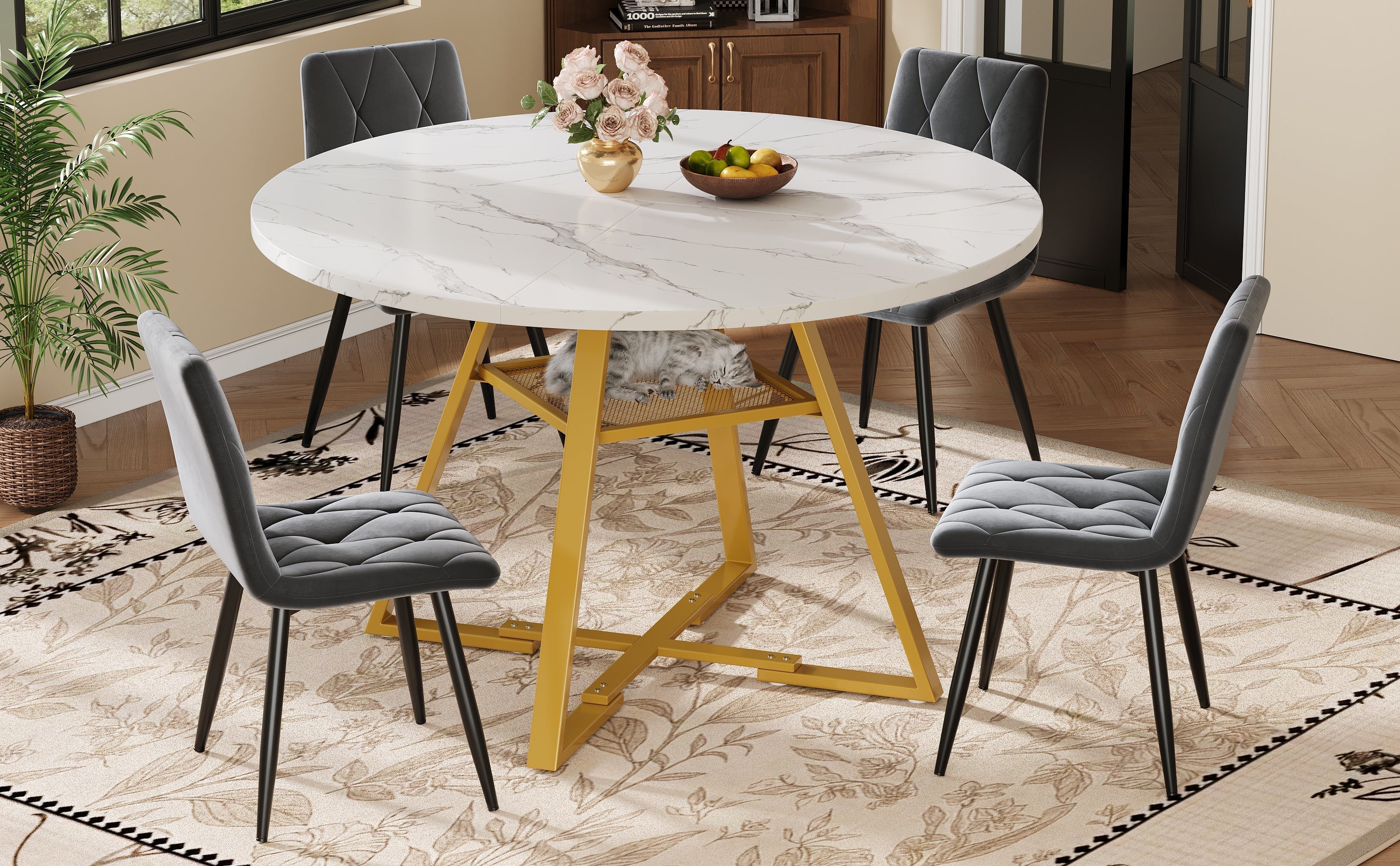 5-Piece Round Dining Table Set with 4 Chairs and Marble Pattern, Velvet Grey