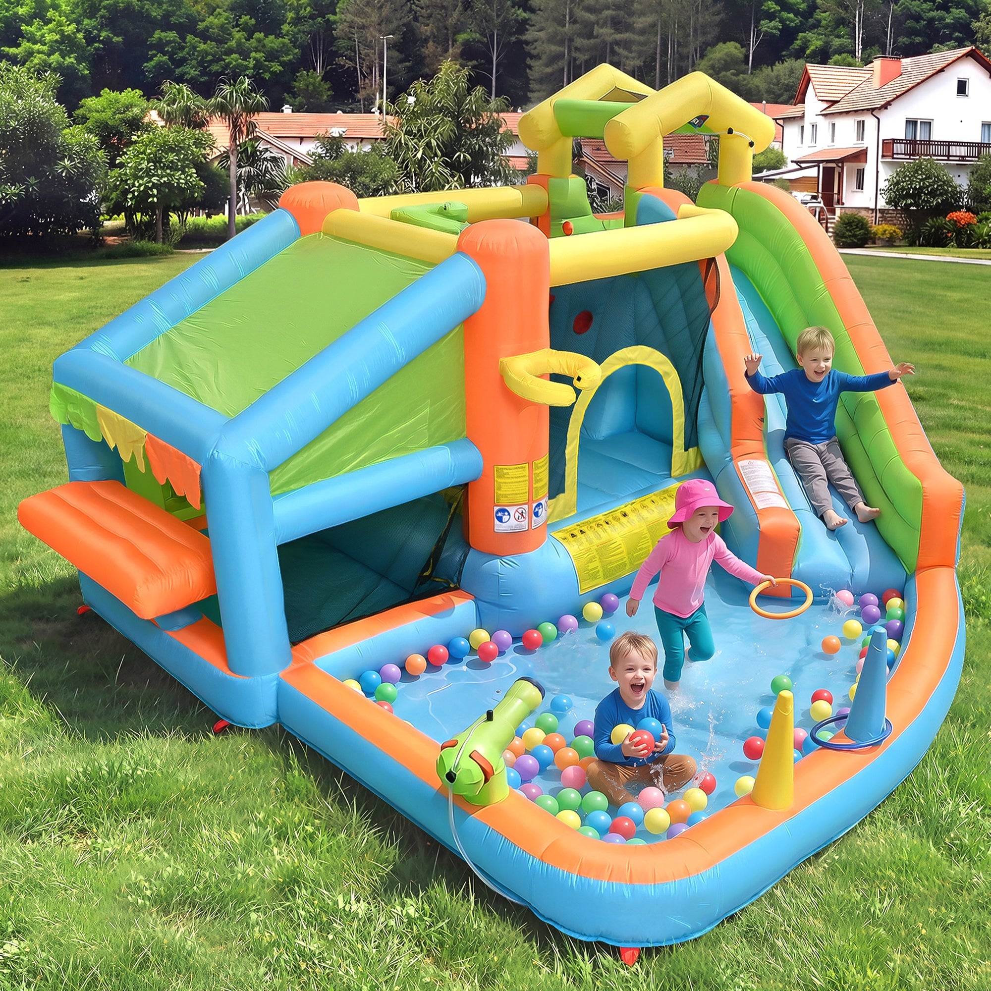Children's Bouncy Castle and Inflatable Water Park with Blower, Slide and Basketball Hoop, 360x350x210cm, Oxford Fabric