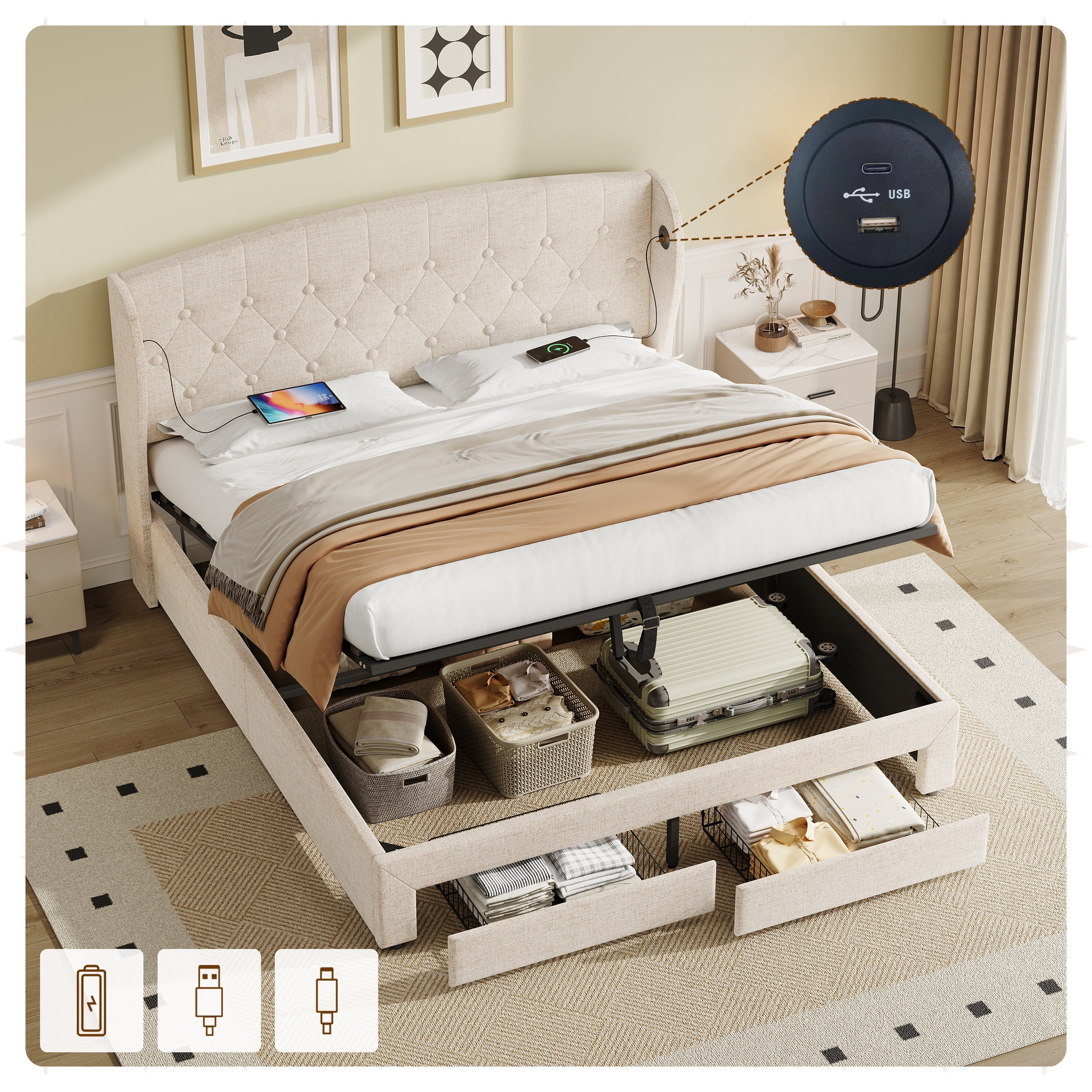 Double Upholstered Bed with Hydraulic and Drawers Storage, Charging Station, Linen, Beige