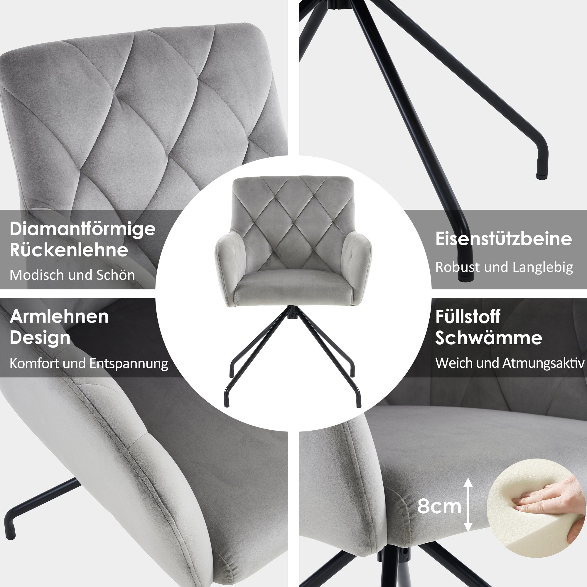 Dining Chairs Set of 4 with Diamond Pattern and Lumbar Support, Light Grey Velvet