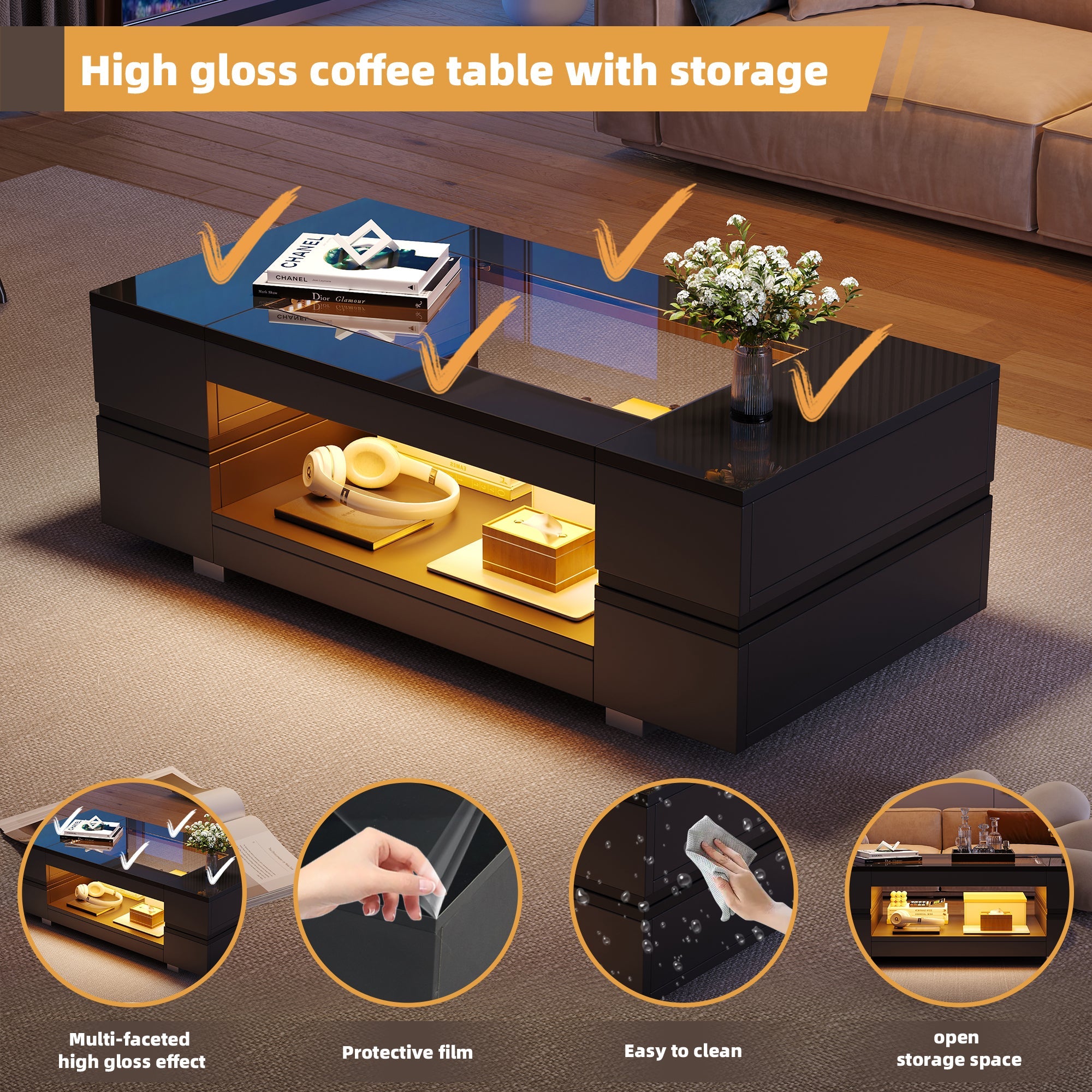 LED Coffee Table with Bluetooth App Control, Double-Layer High-Gloss, Black