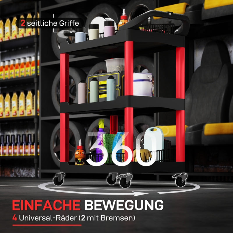Workshop trolley 3 levels, tool trolley with handle, 91 kg load capacity, red + black